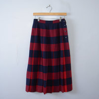 Vintage 80's red and navy plaid pleated wool midi skirt, women's size 10