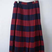 Vintage 80's red and navy plaid pleated wool midi skirt, women's size 10