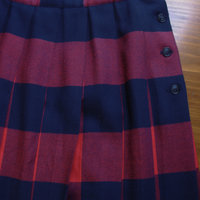 Vintage 80's red and navy plaid pleated wool midi skirt, women's size 10
