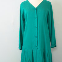 80's teal blue dropped waist pleated dress, women's size medium
