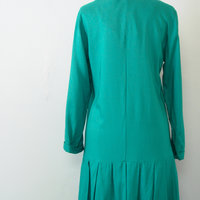 80's teal blue dropped waist pleated dress, women's size medium