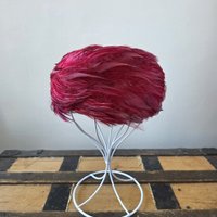 1950 Cecille Lorraine fuchsia pink feather pill box hat