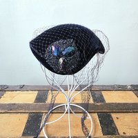 1950 blue velvet crescent fascinator hat