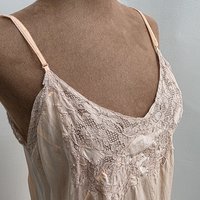 1948 peach slip dress with lace trim, size medium