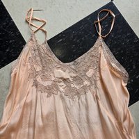 1948 peach slip dress with lace trim, size medium