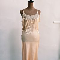 1930 pink silk satin slip dress with lace trim, size small