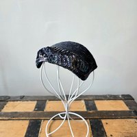 1940 Peacock blue sequined fascinator crescent hat