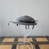 1940 Navy and white fascinator hat with feather