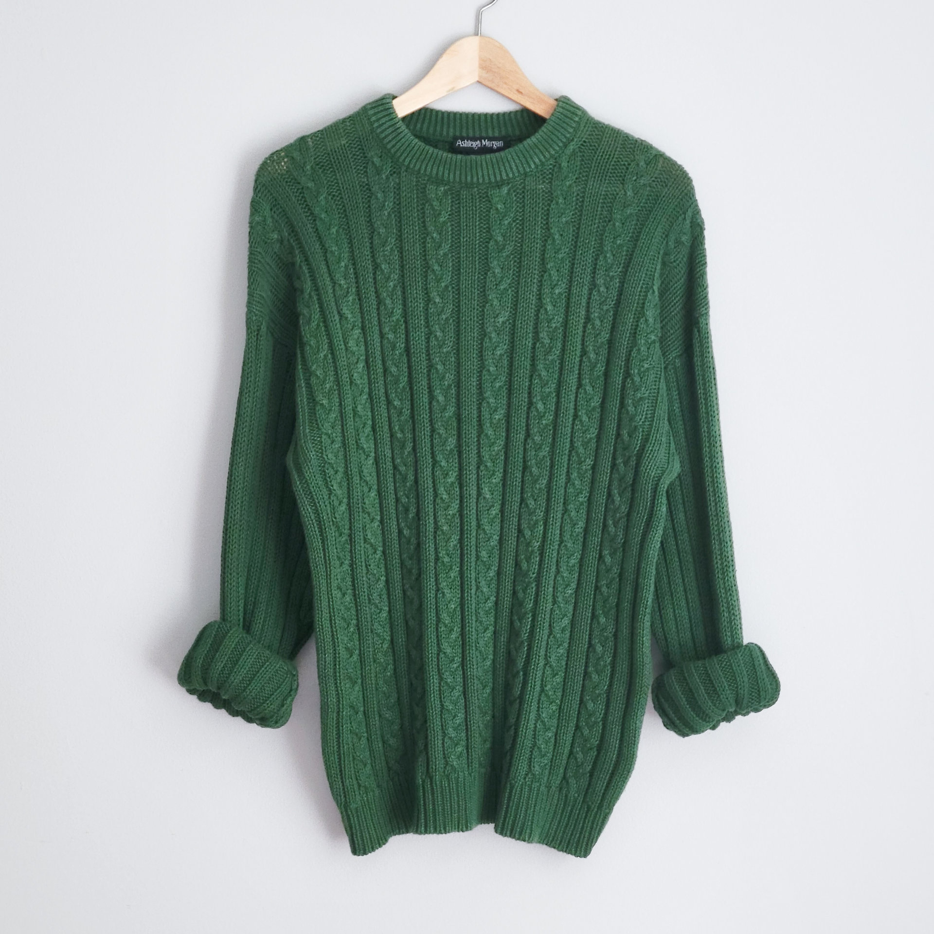 90's green cable knit sweater, men's large