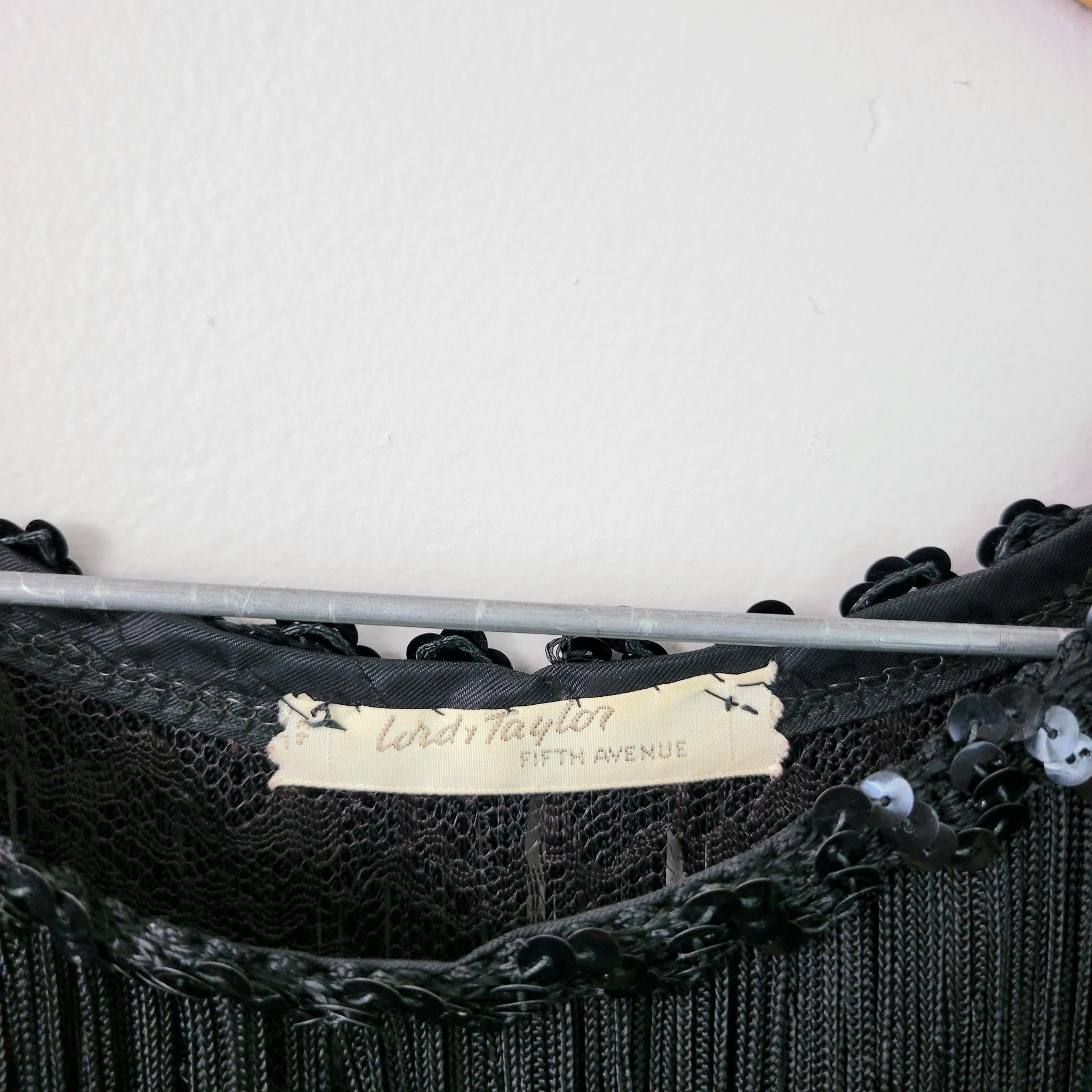 60's black fringe and lace crop top, small medium