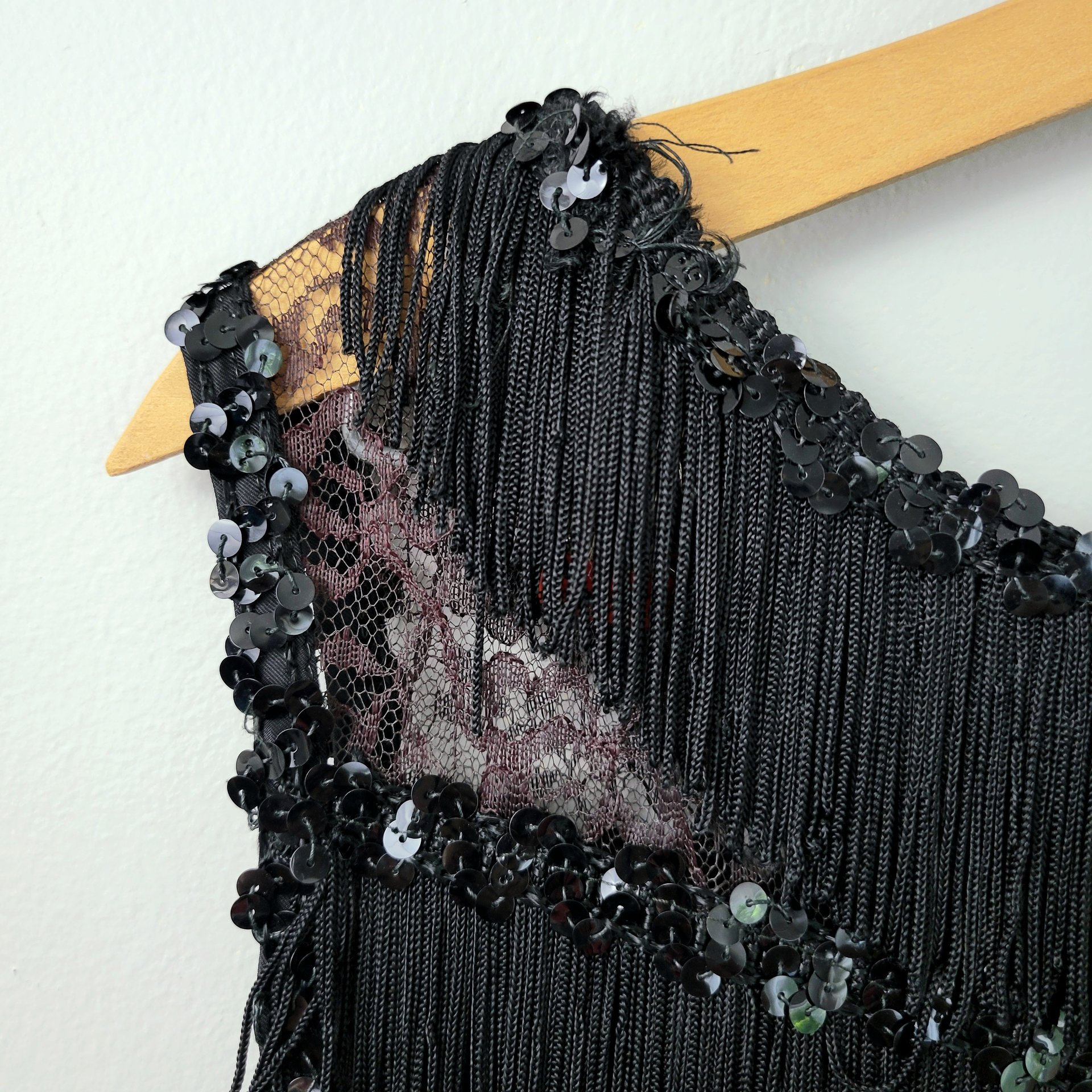 60's black fringe and lace crop top, small medium