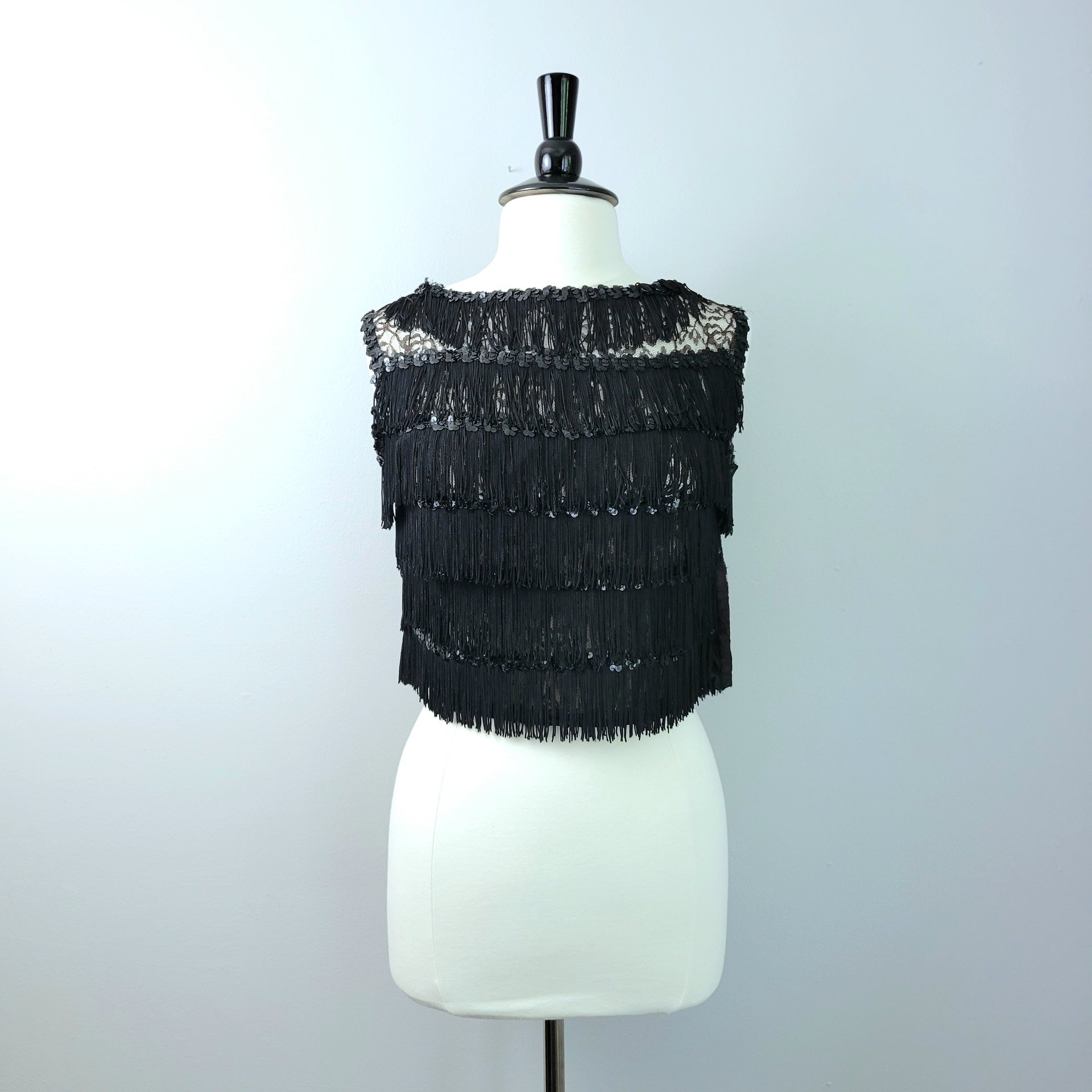 60's black fringe and lace crop top, small medium