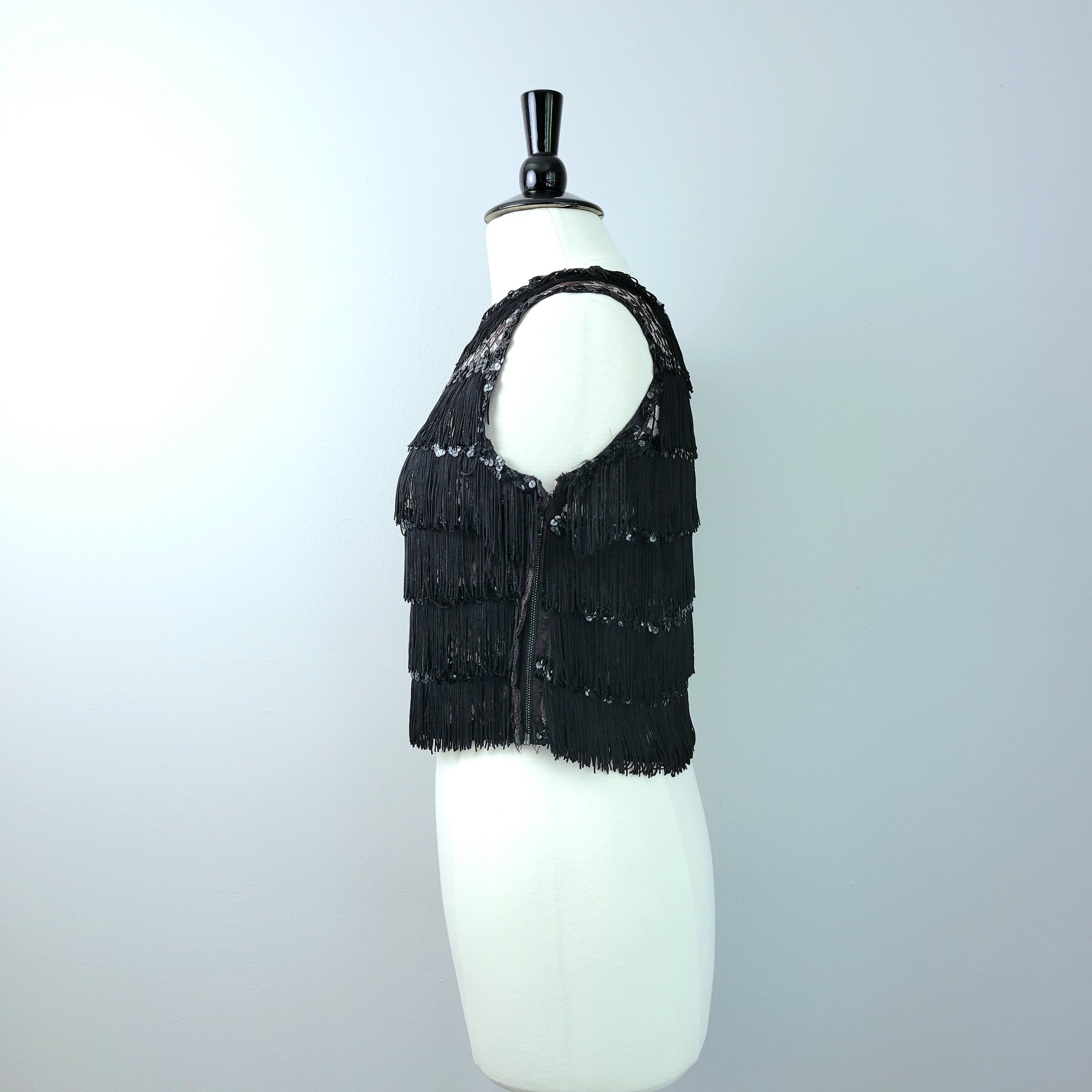 60's black fringe and lace crop top, small medium