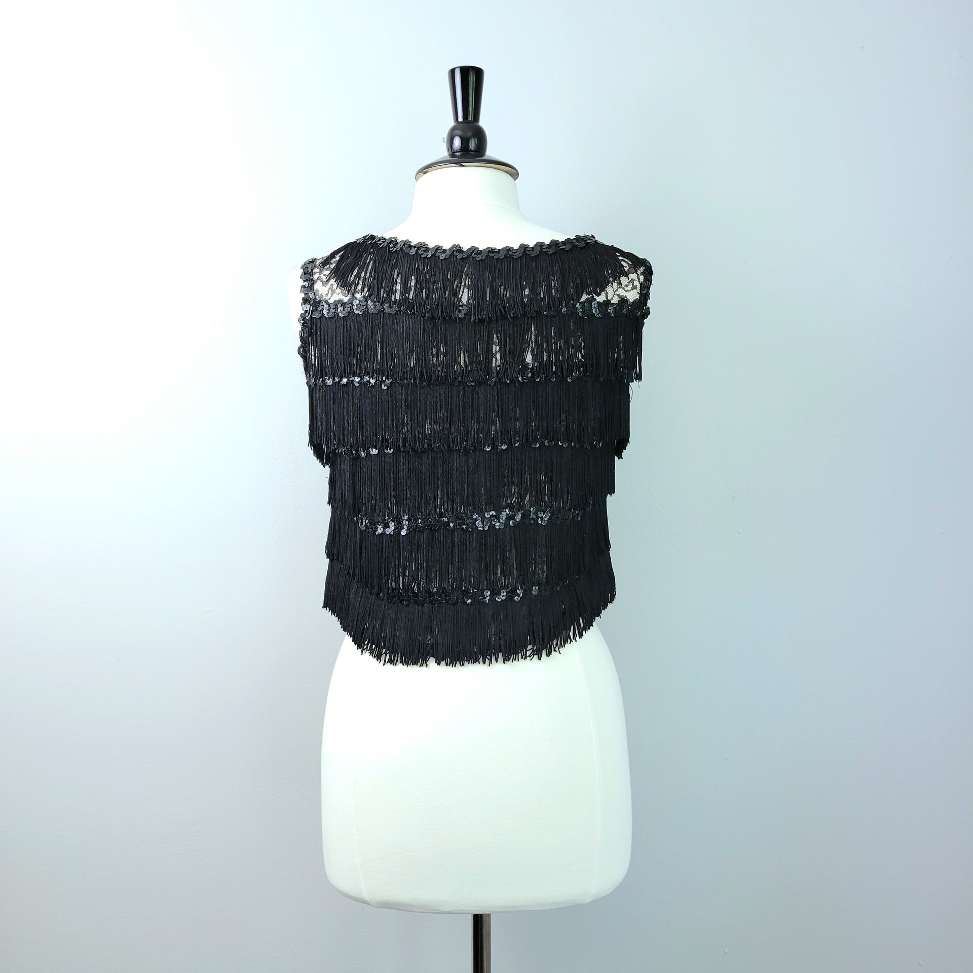 60's black fringe and lace crop top, small medium