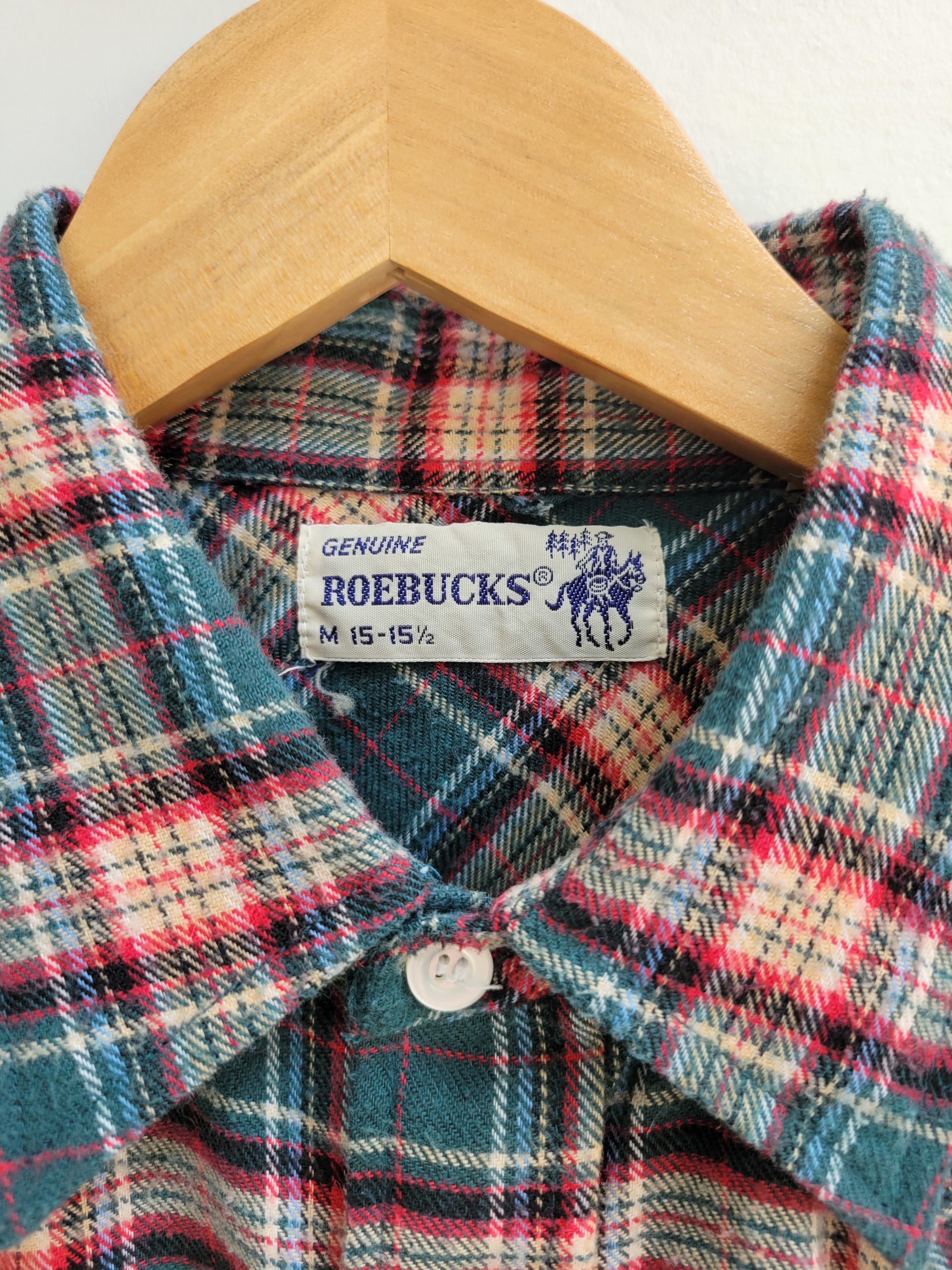 1970 Roebucks plaid flannel button up shirt with pearl snaps, size large