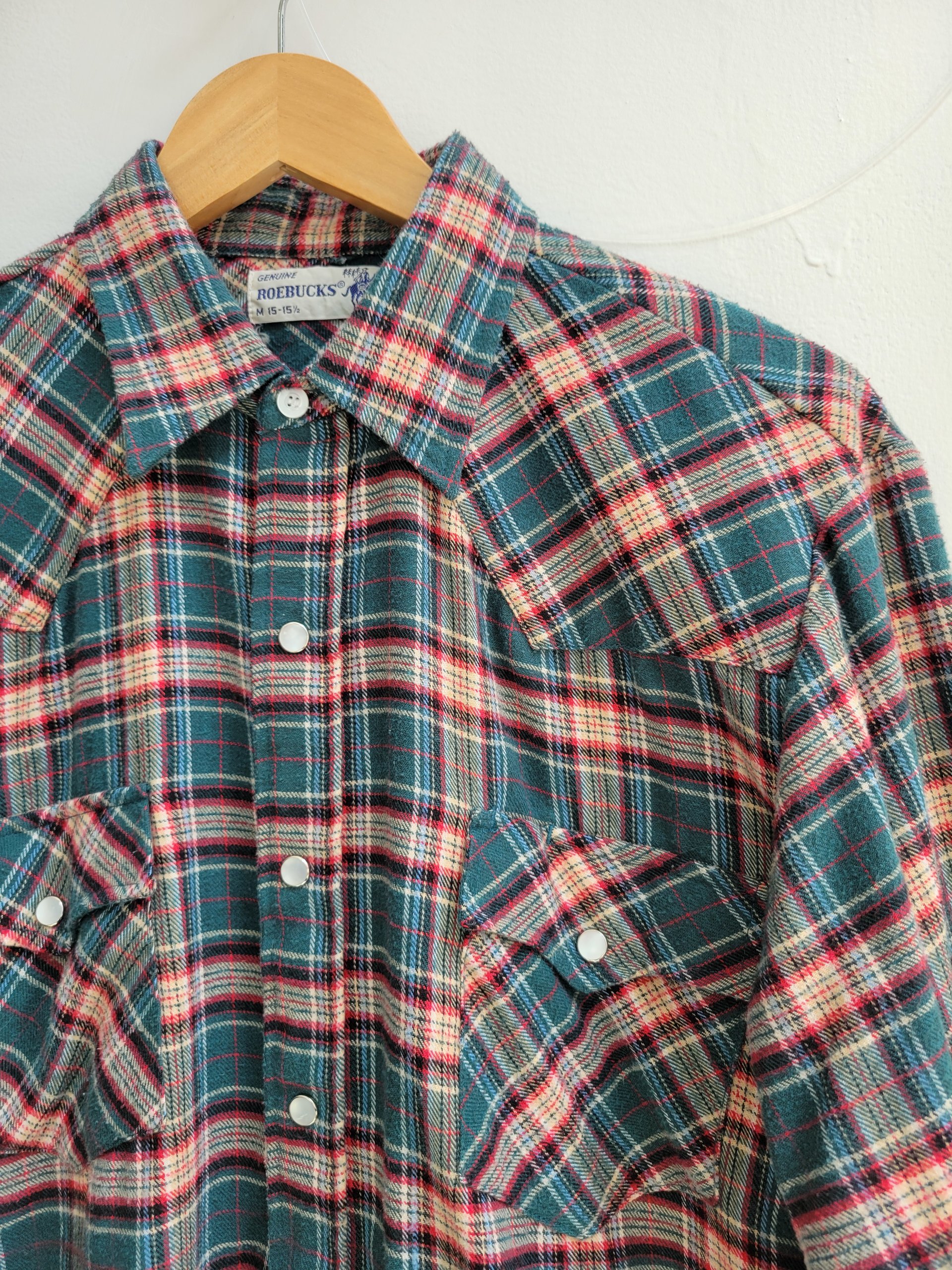 1970 Roebucks plaid flannel button up shirt with pearl snaps, size large