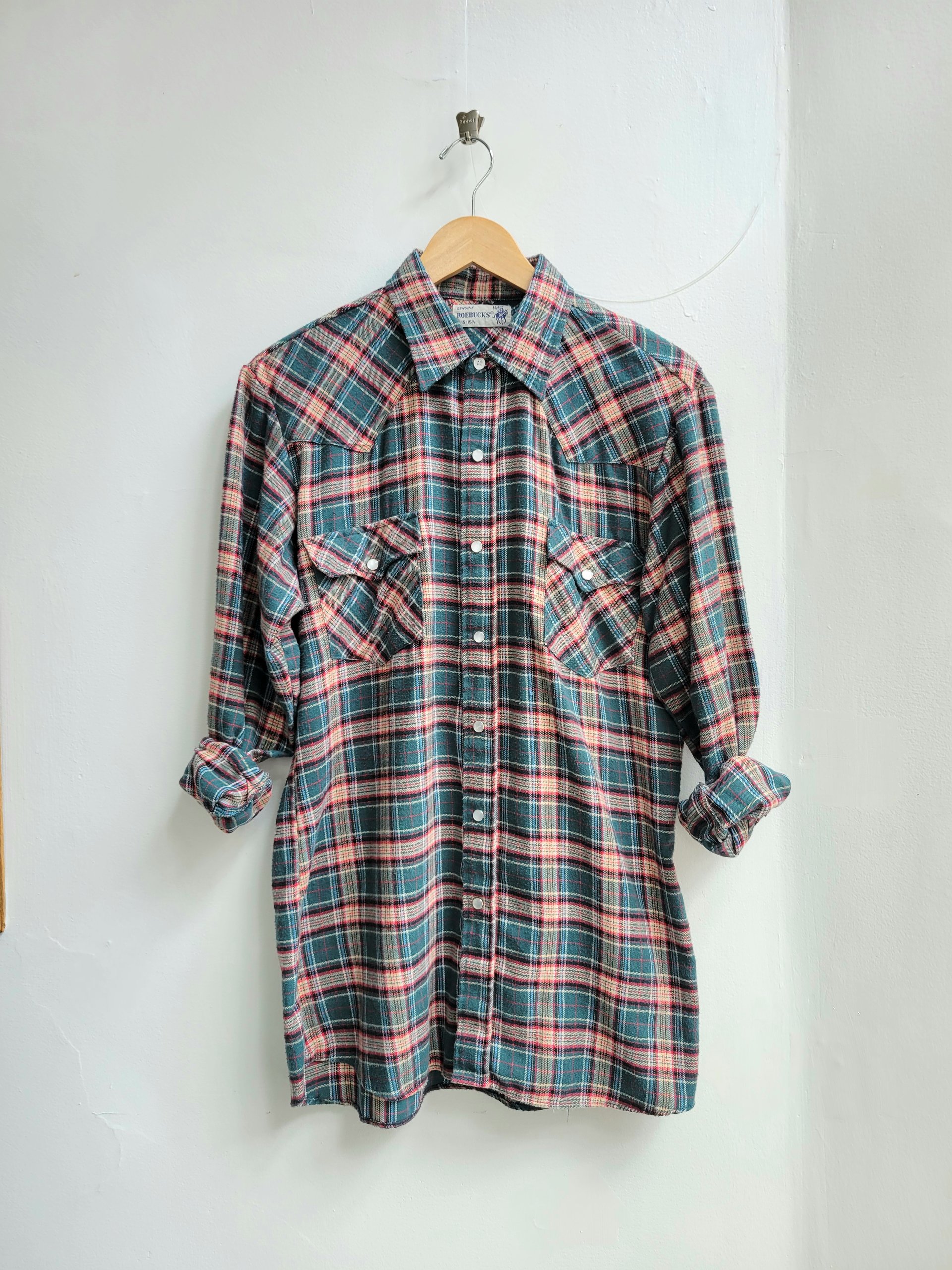 1970 Roebucks plaid flannel button up shirt with pearl snaps, size large