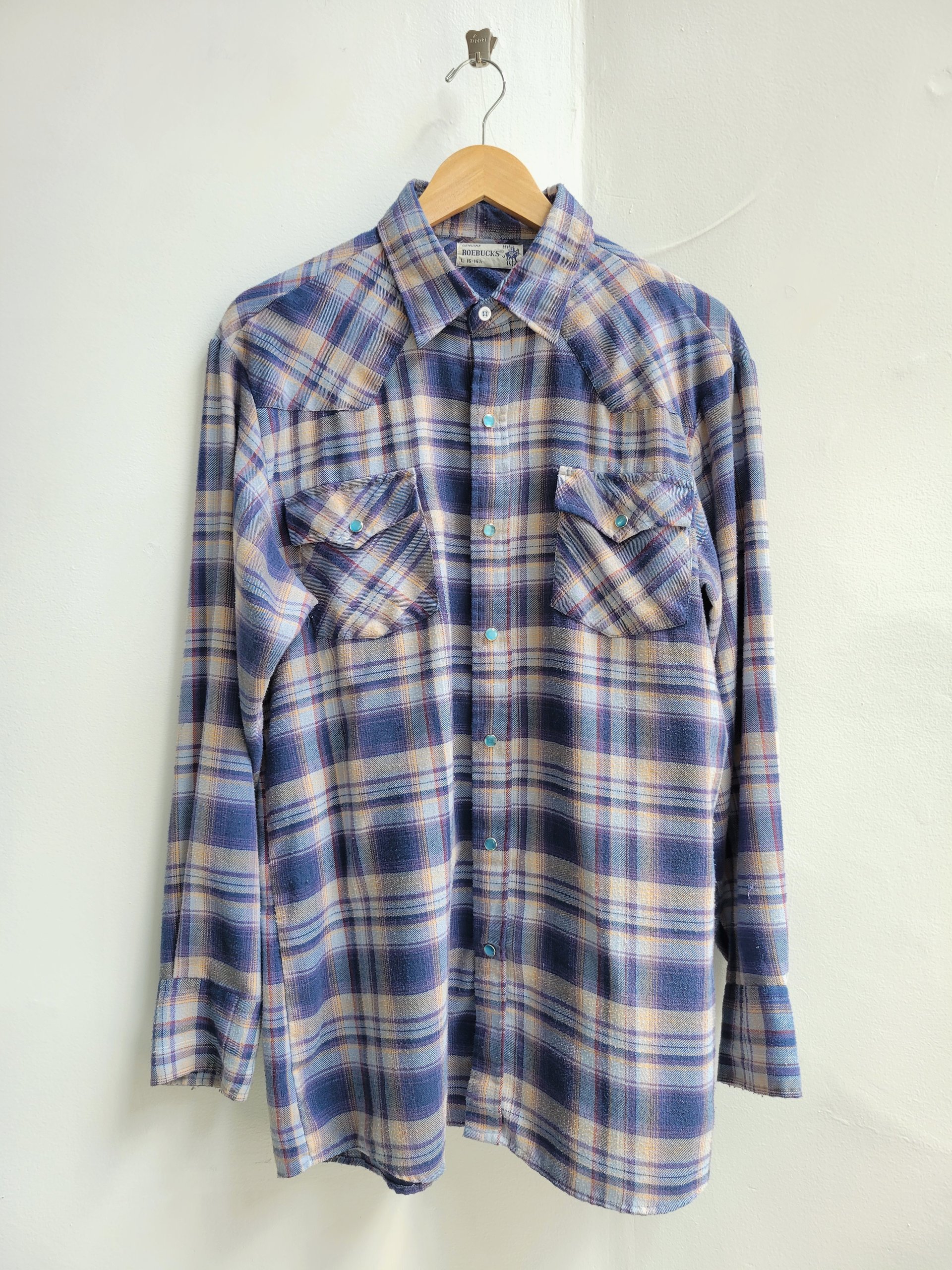 1970 Roebucks plaid flannel button up shirt with pearl snaps, size large