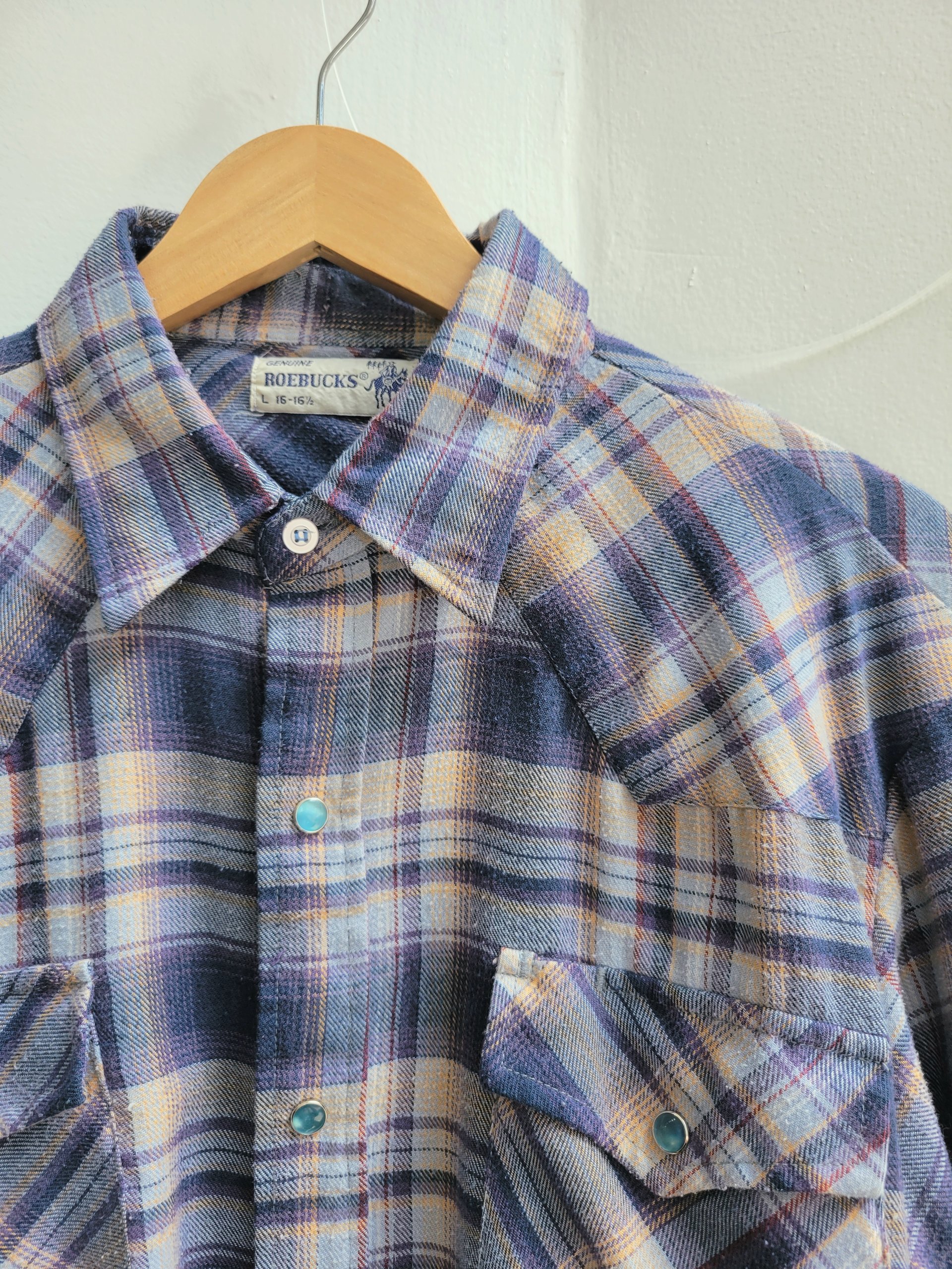 1970 Roebucks plaid flannel button up shirt with pearl snaps, size large