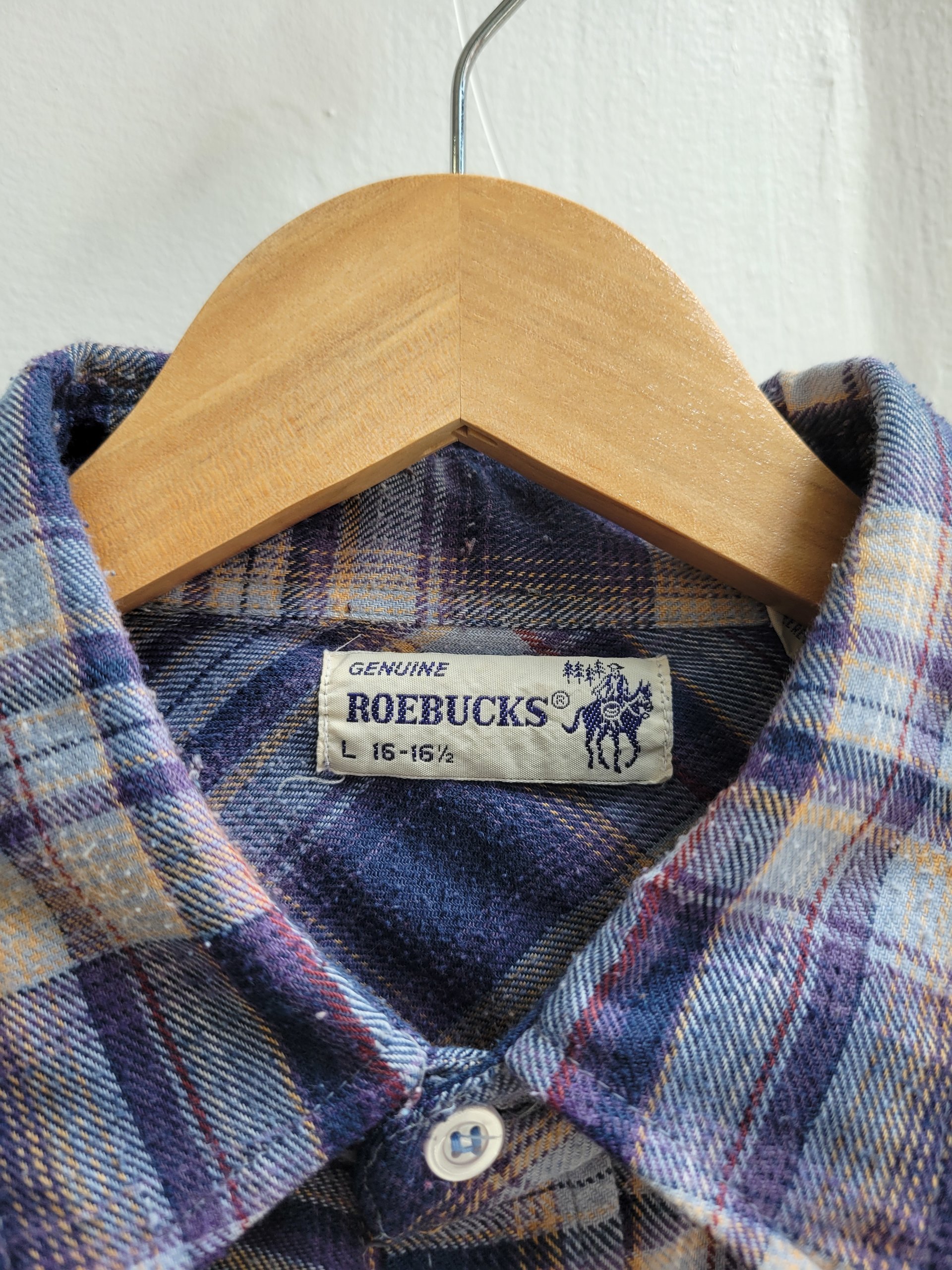 1970 Roebucks plaid flannel button up shirt with pearl snaps, size large