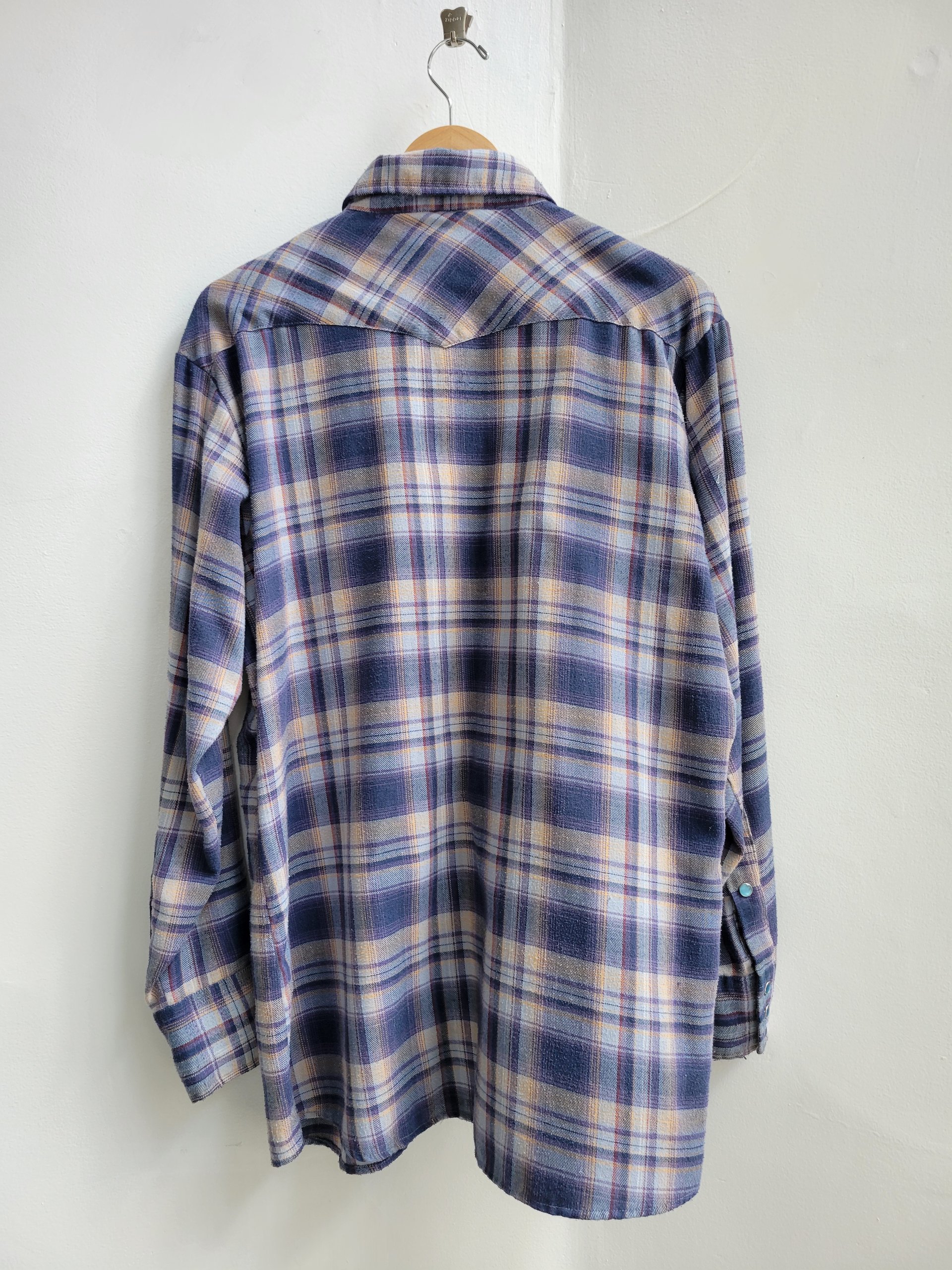 1970 Roebucks plaid flannel button up shirt with pearl snaps, size large