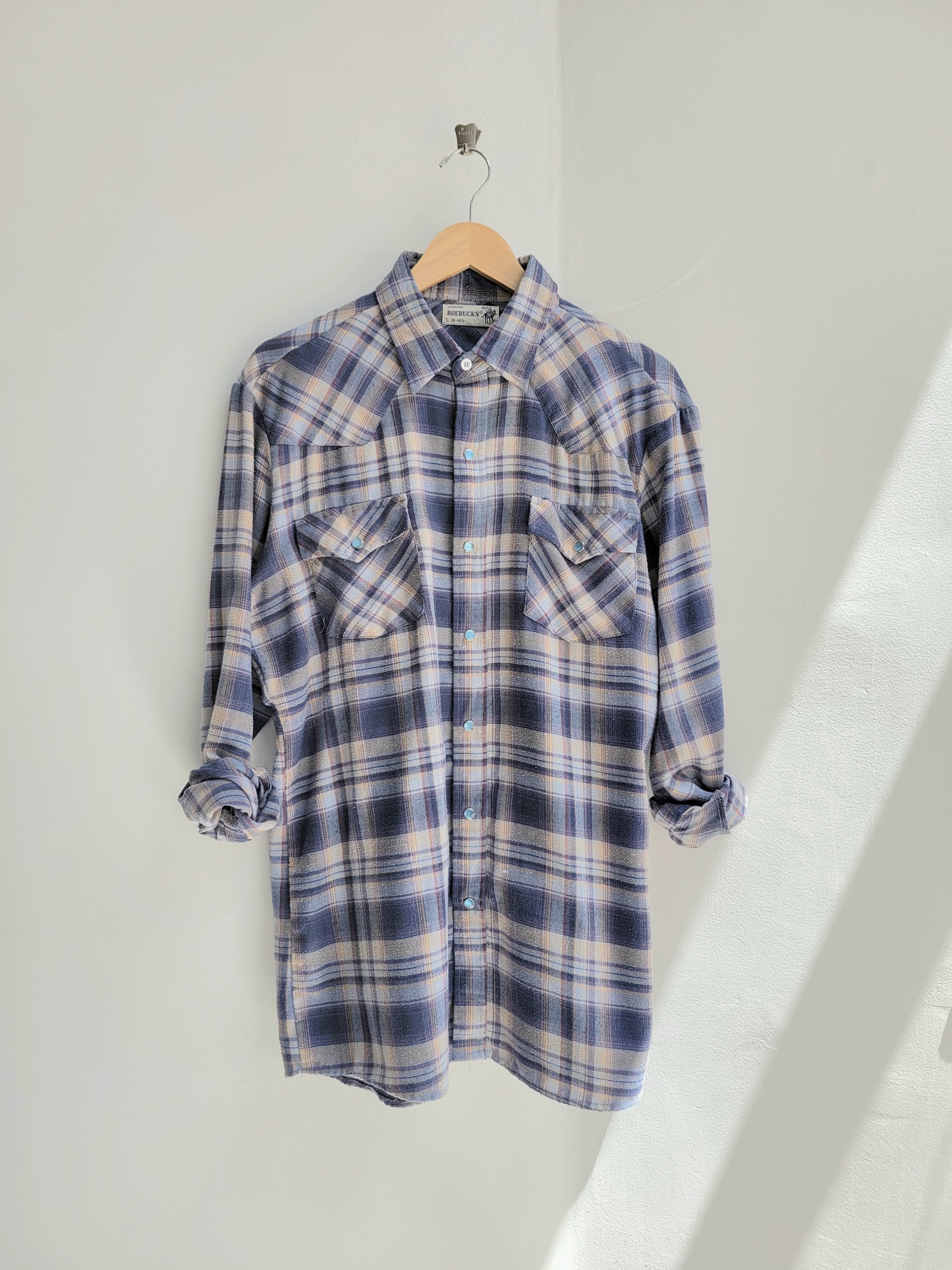 1970 Roebucks plaid flannel button up shirt with pearl snaps, size large