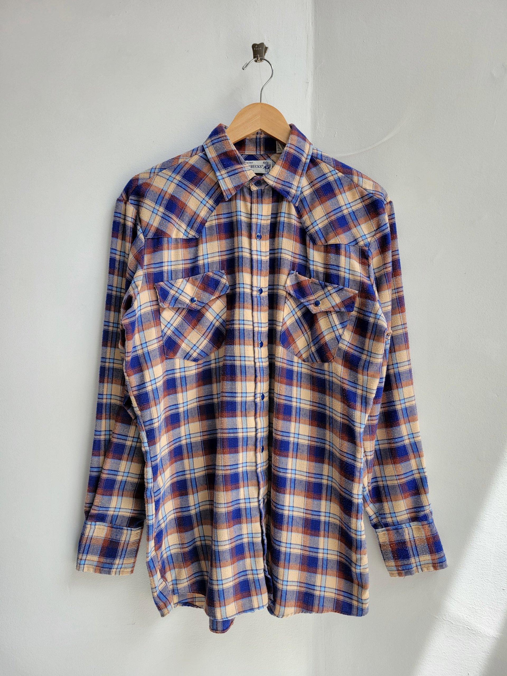 1970 Roebucks plaid flannel button up shirt with pearl snaps, size medium