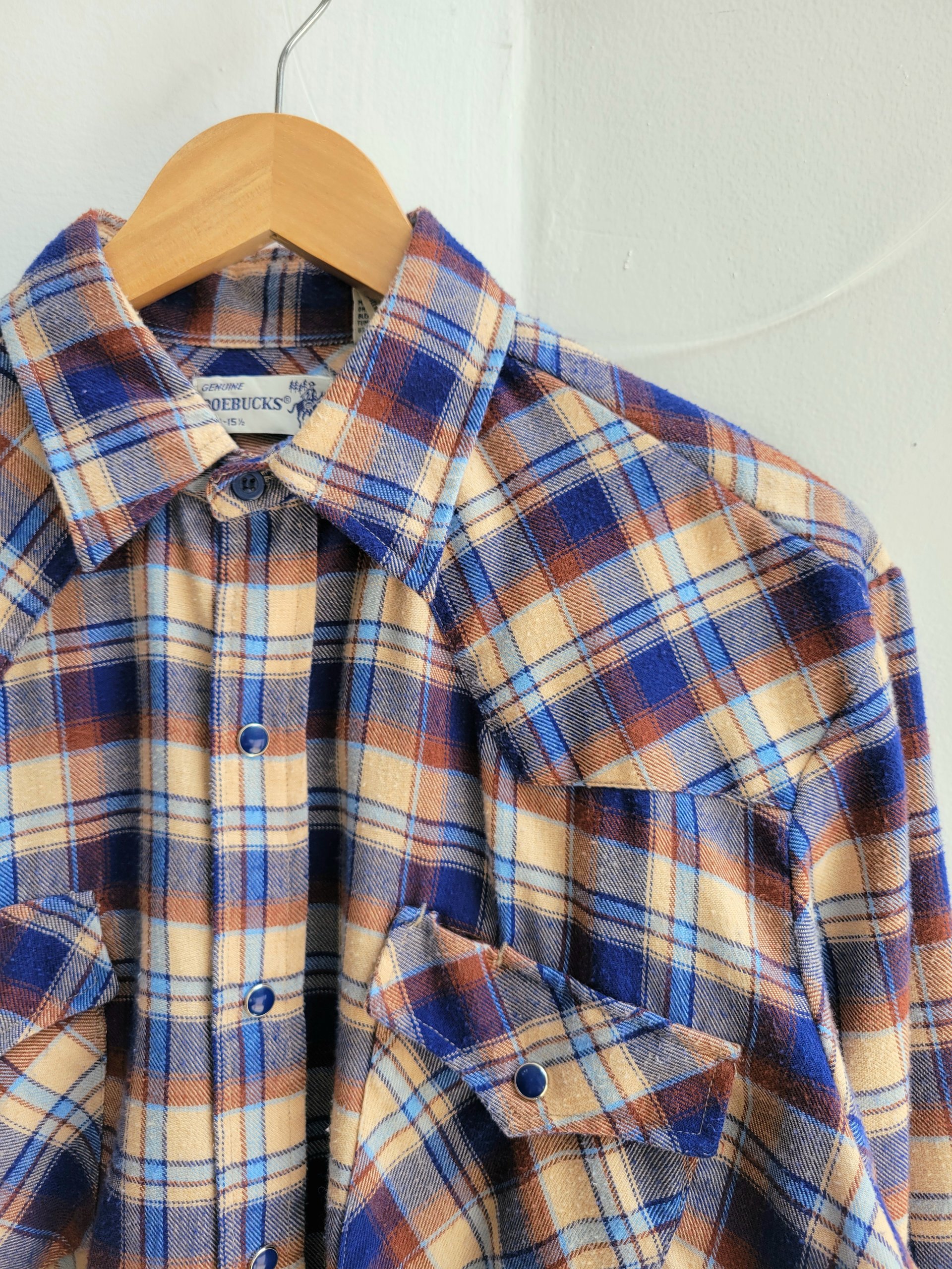 1970 Roebucks plaid flannel button up shirt with pearl snaps, size medium