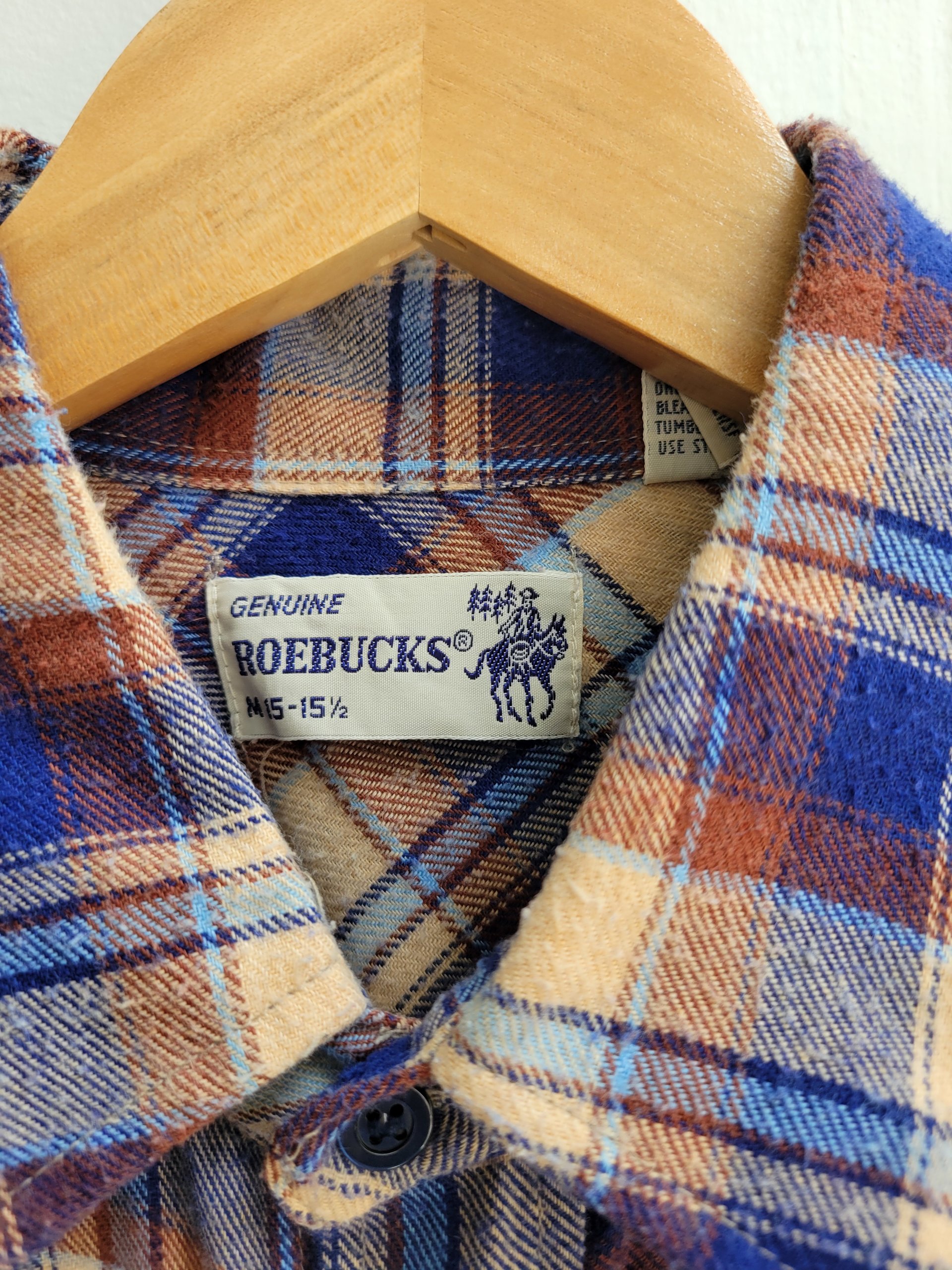 1970 Roebucks plaid flannel button up shirt with pearl snaps, size medium