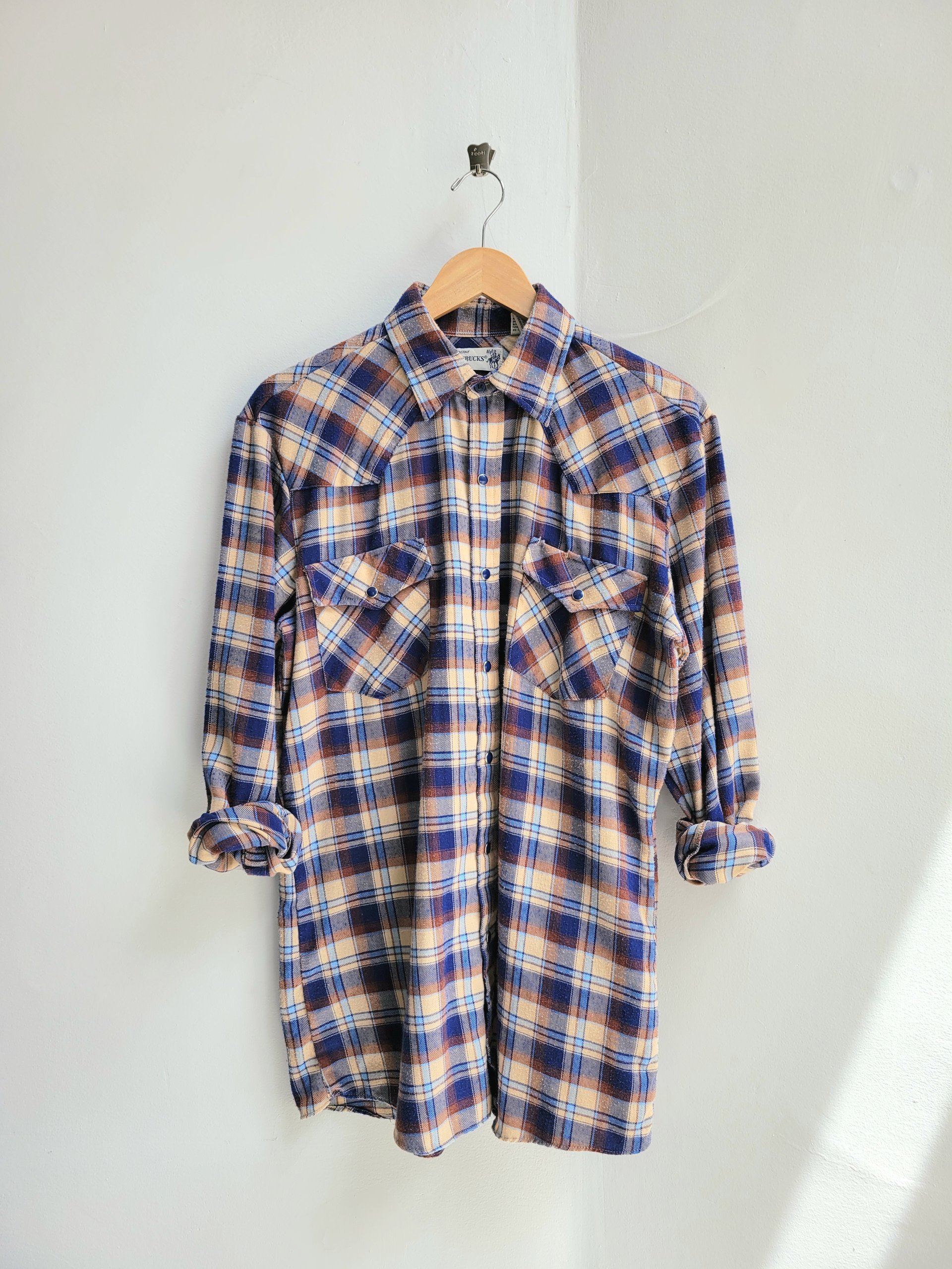 1970 Roebucks plaid flannel button up shirt with pearl snaps, size medium