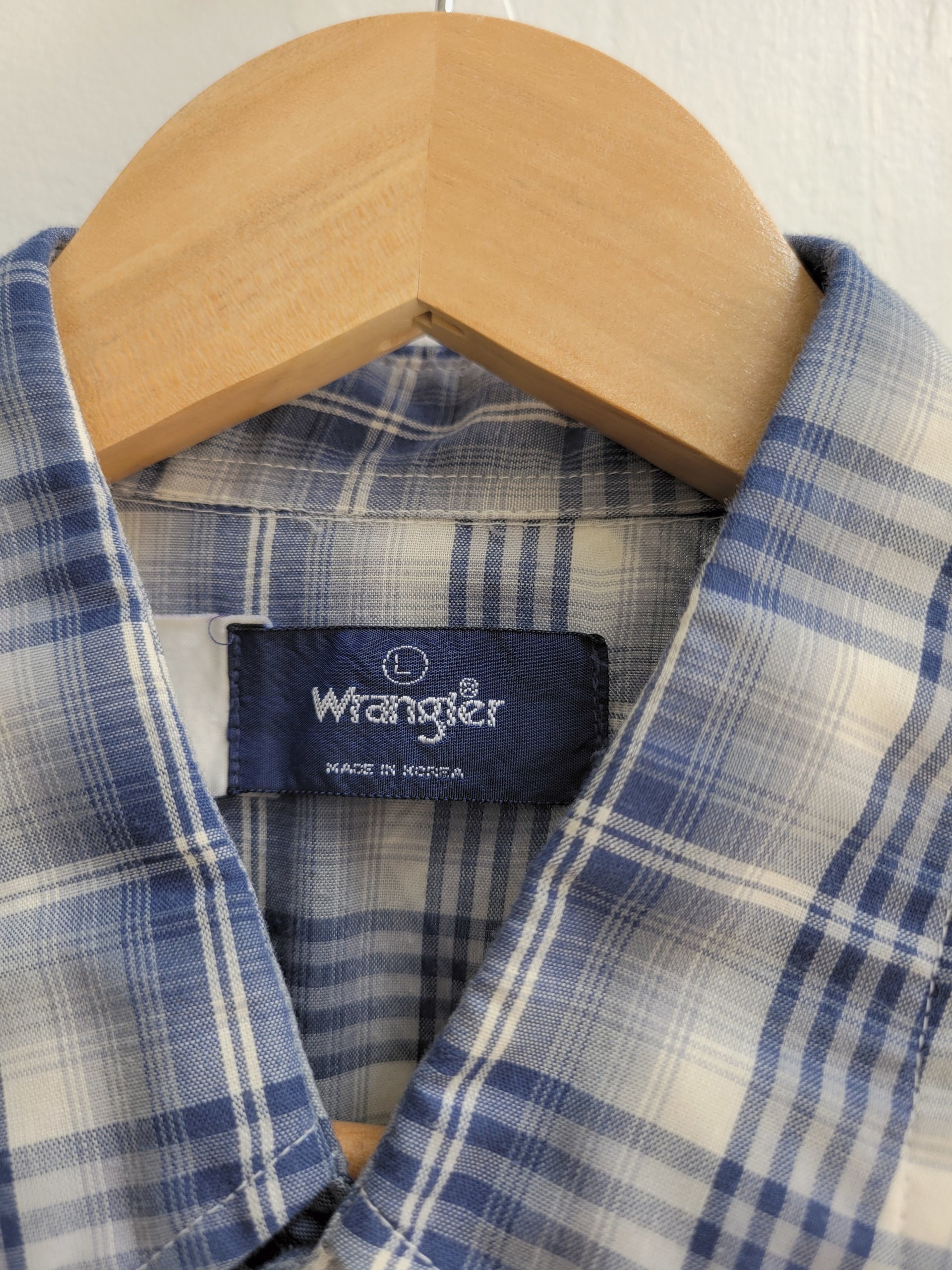 1970 Wrangler plaid button up shirt with pearl snaps, size large