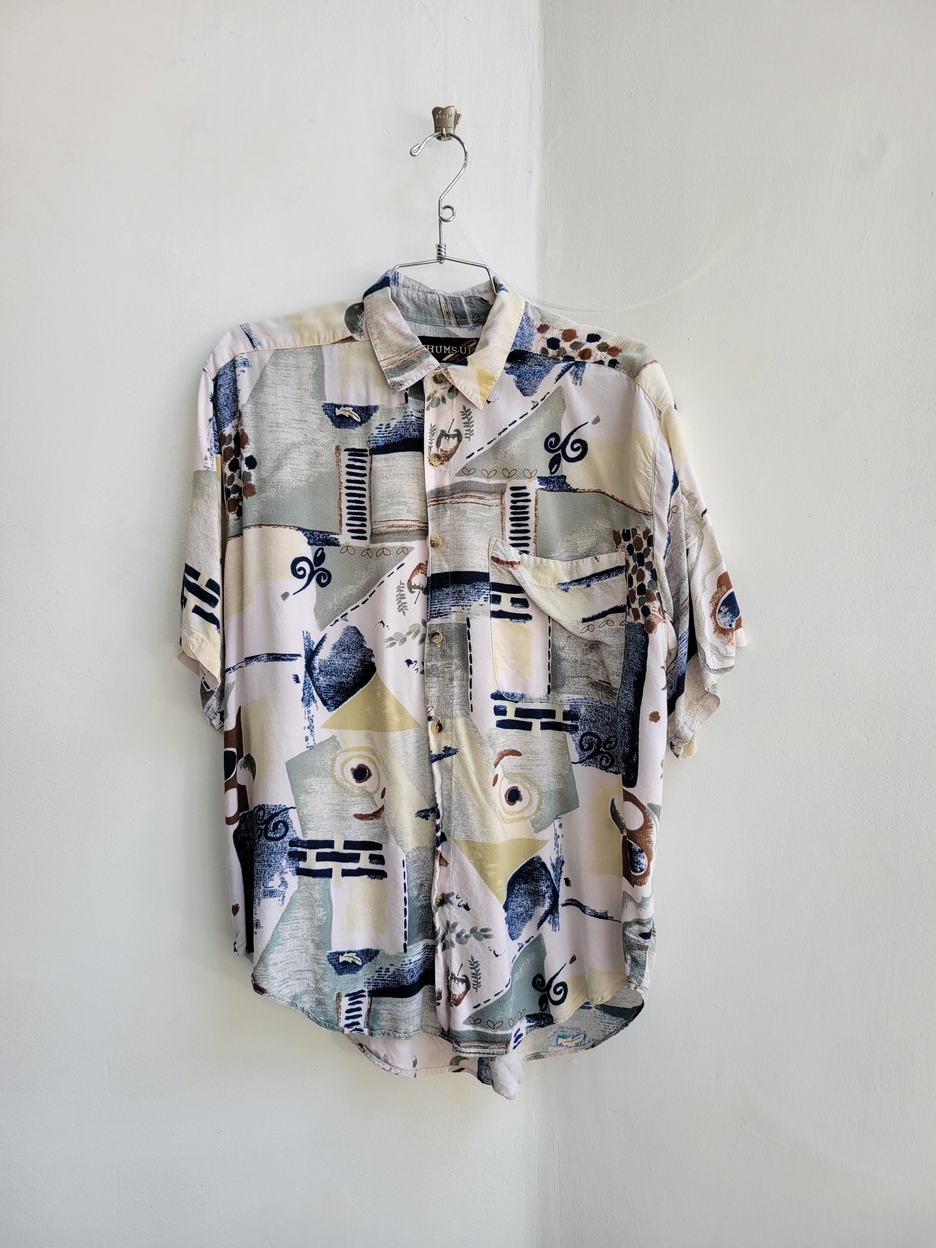 1990 Thumbs Up rayon button up shirt, medium