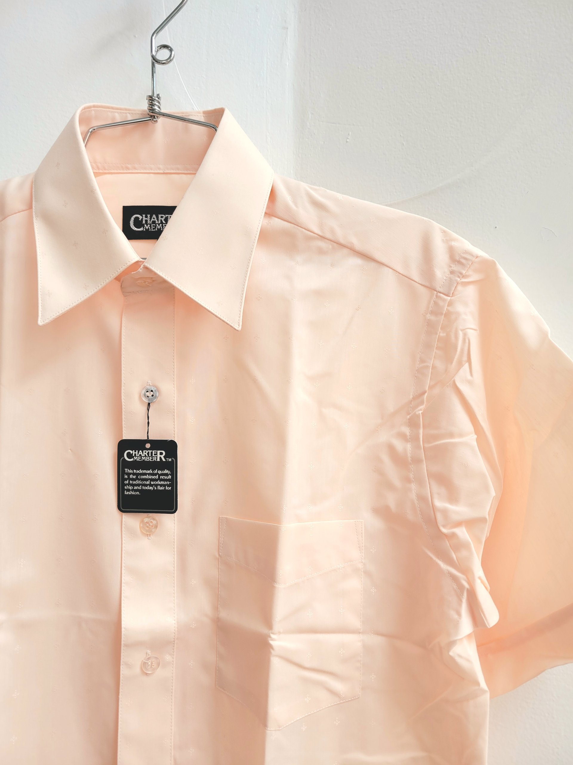 1970 Charter Member peach button up shirt, medium