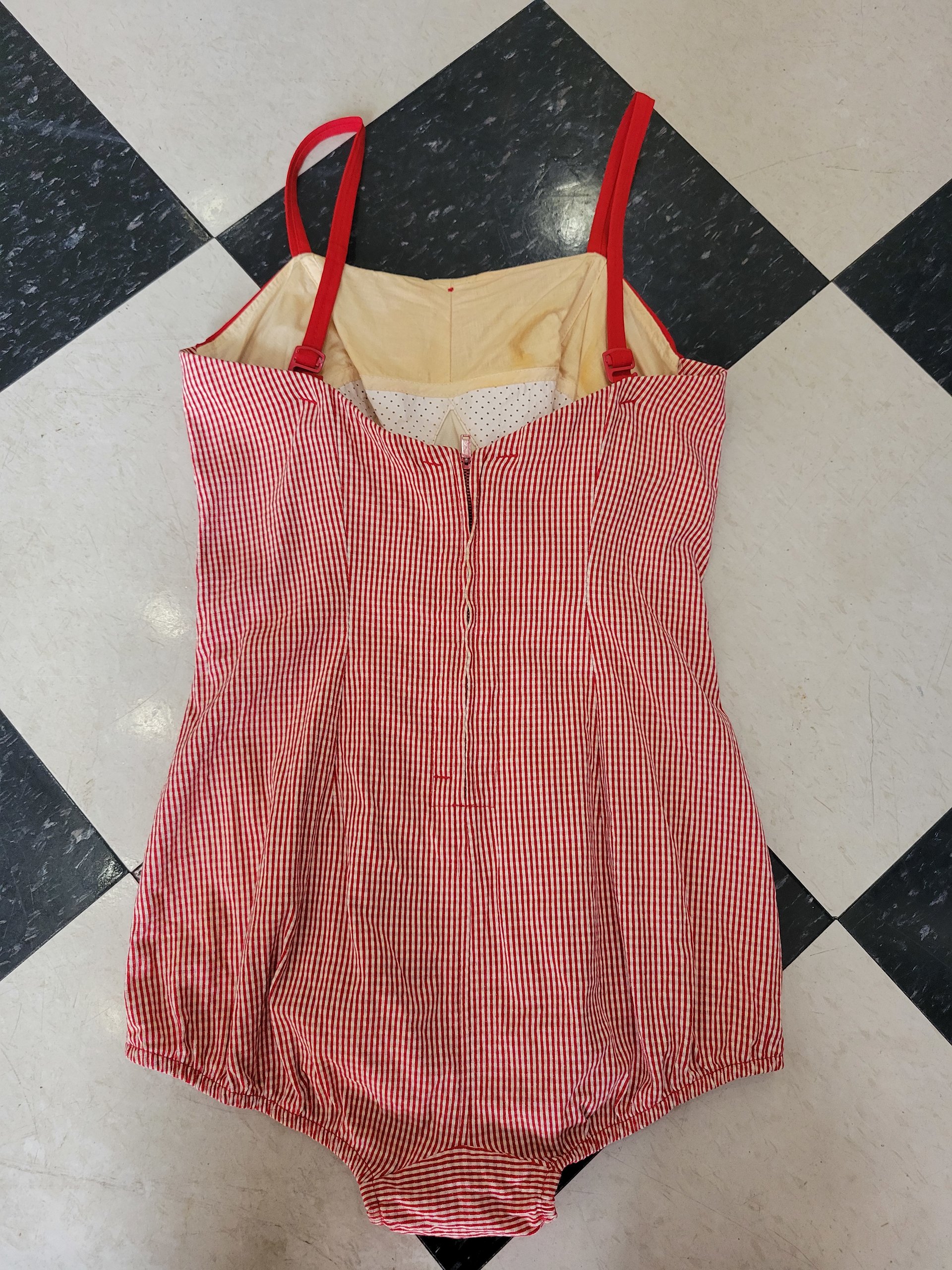 1950 Louisa Brooks red gingham bathing suit, 38 medium