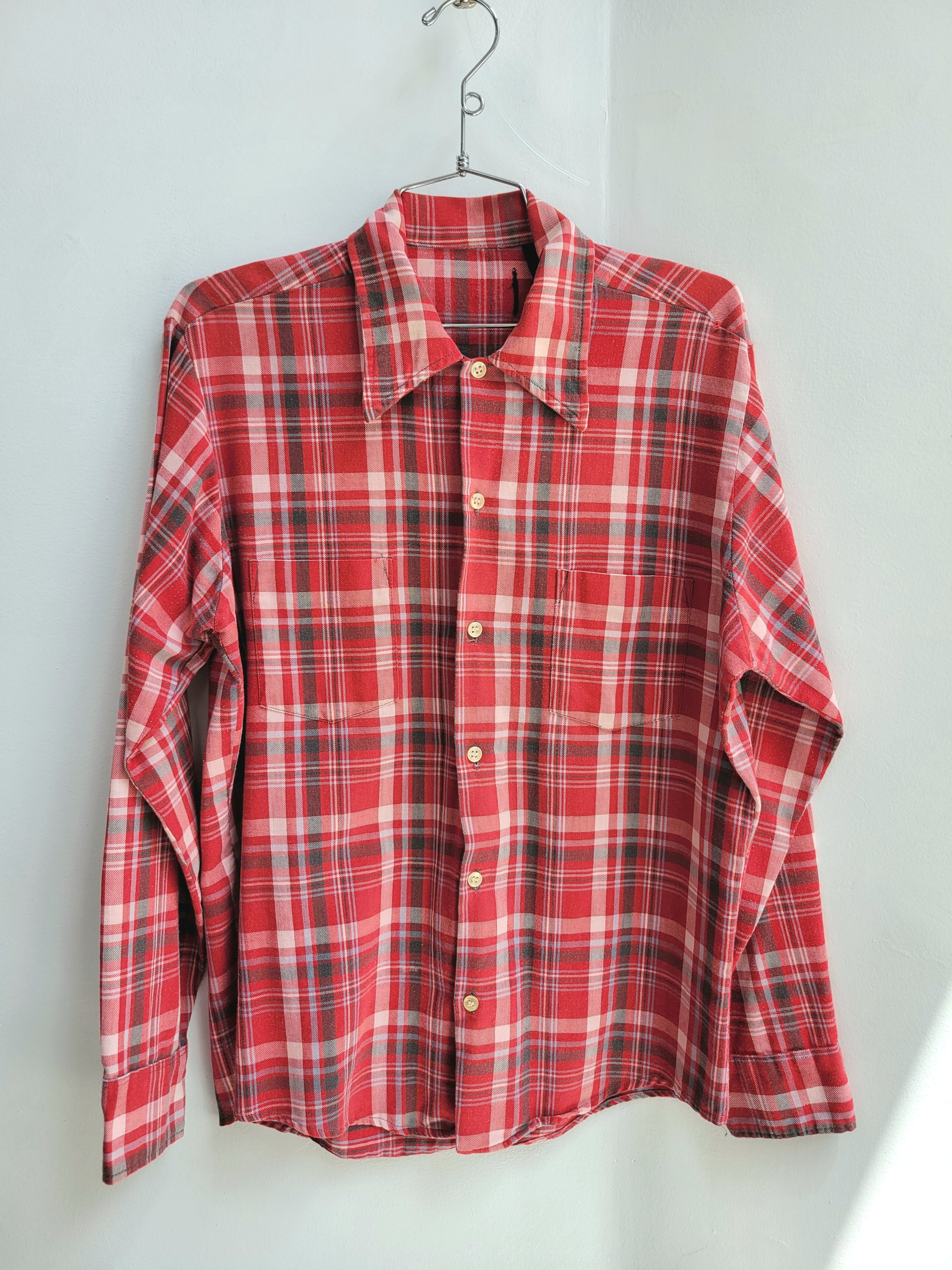 1970 red plaid button up shirt, medium