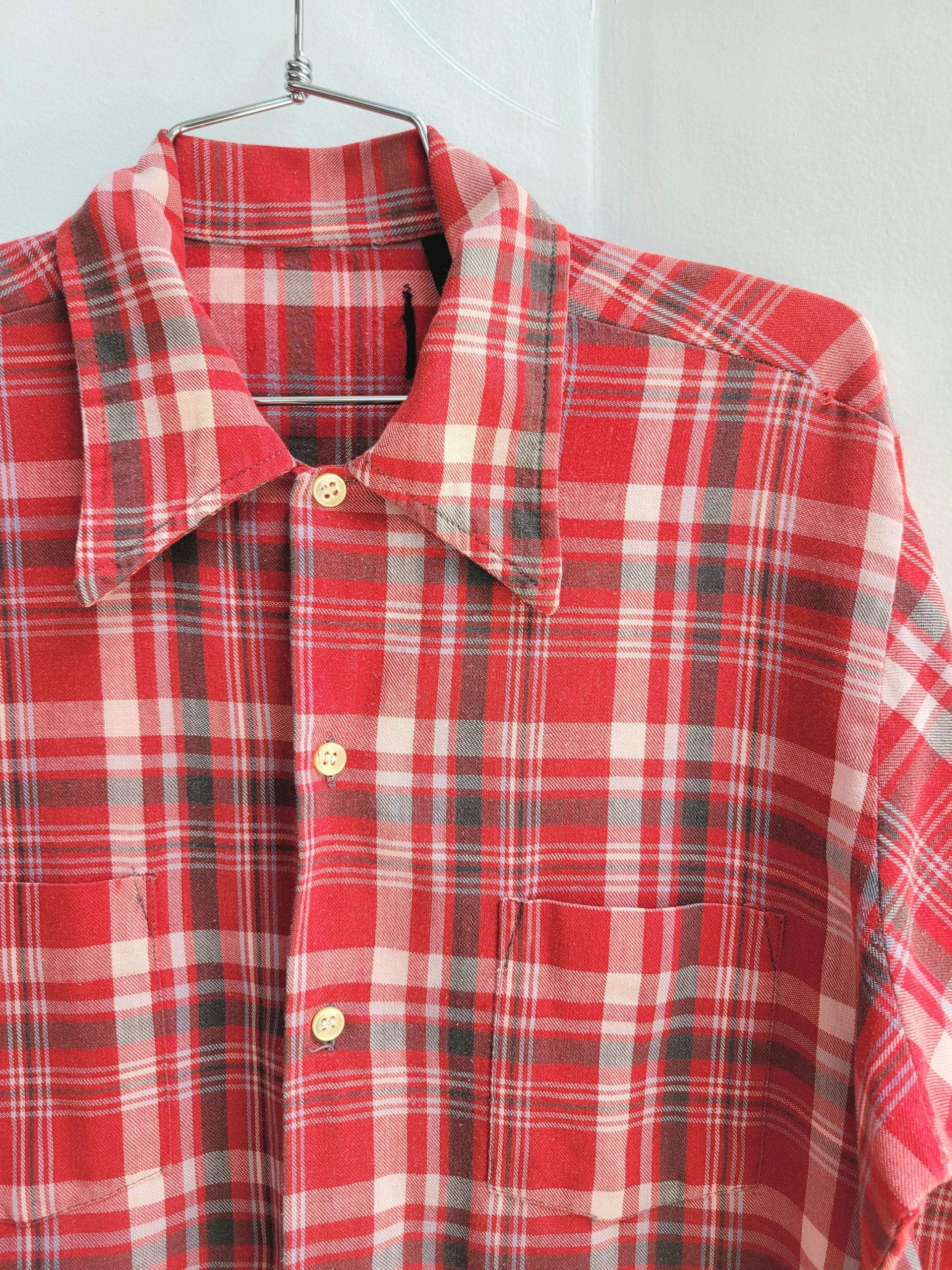 1970 red plaid button up shirt, medium