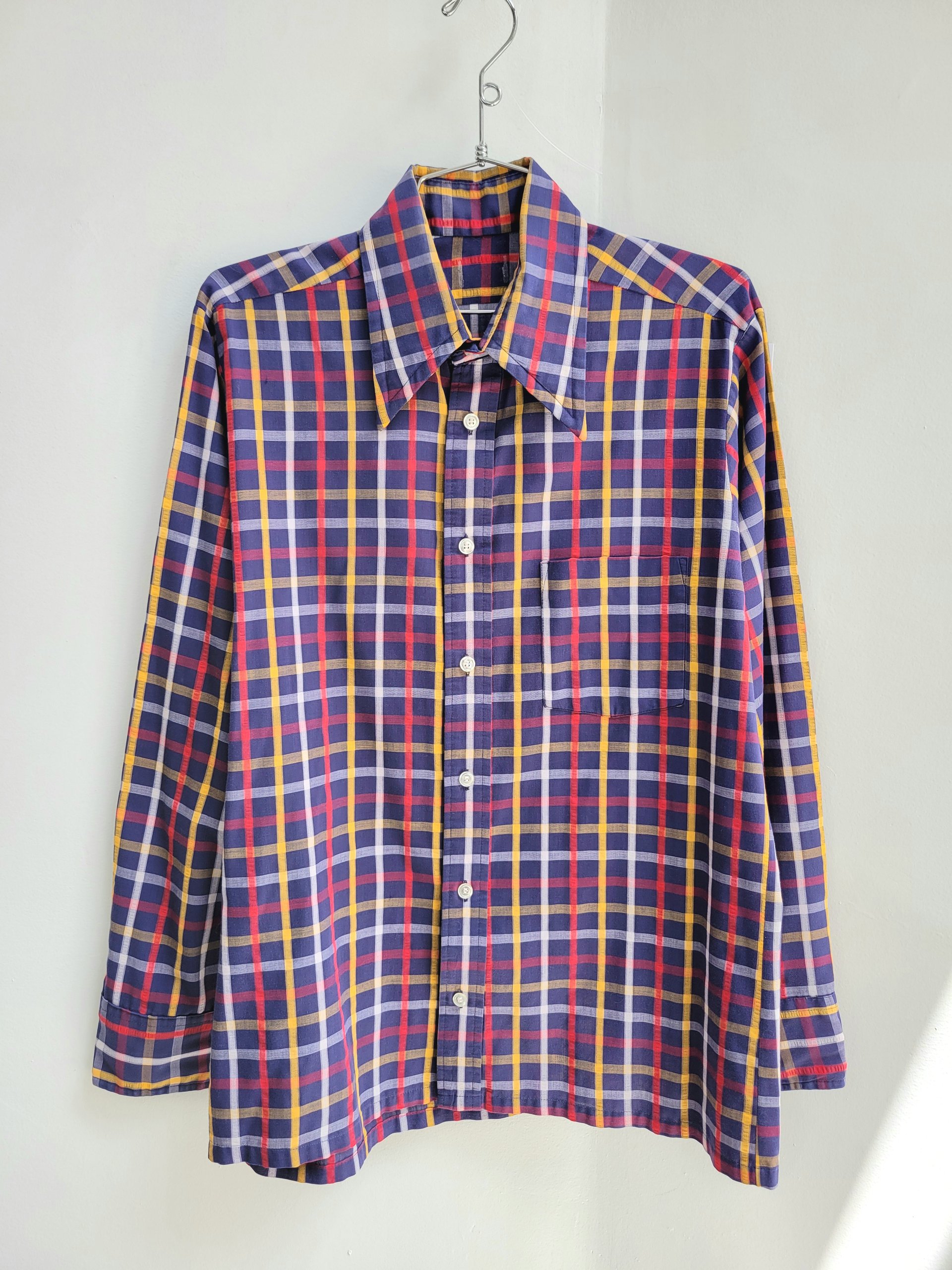 1970 blue plaid button up shirt, medium