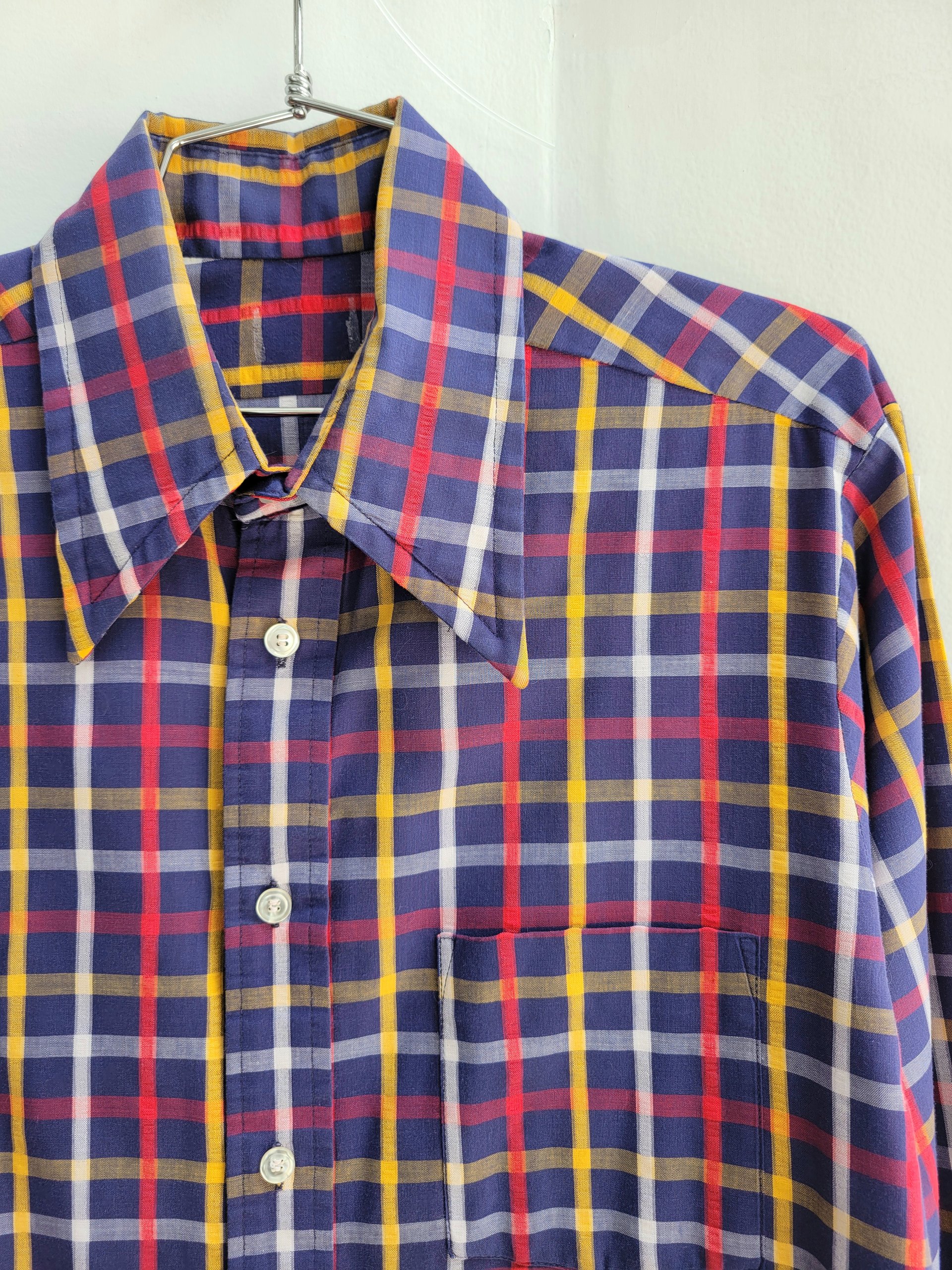 1970 blue plaid button up shirt, medium