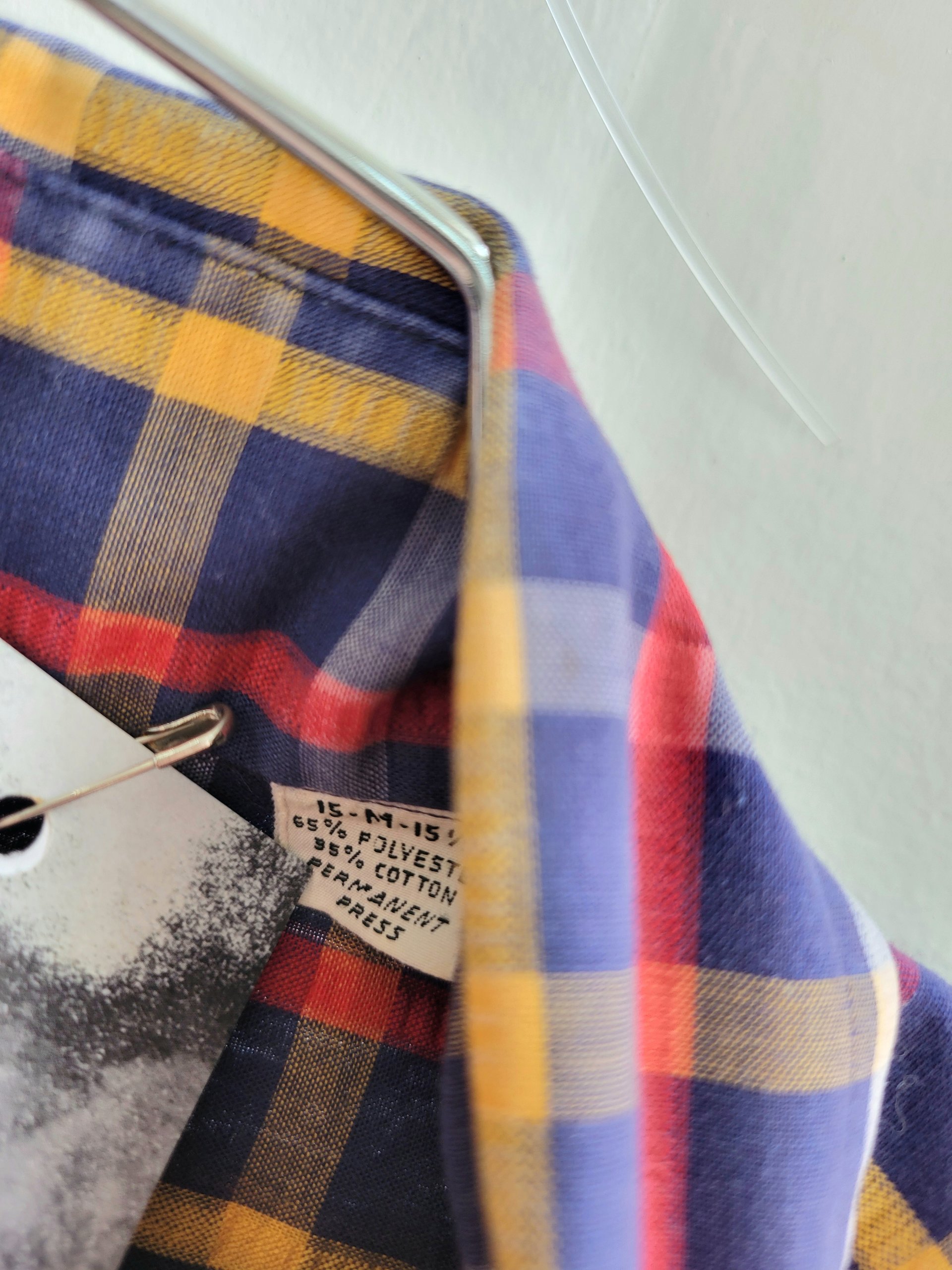 1970 blue plaid button up shirt, medium