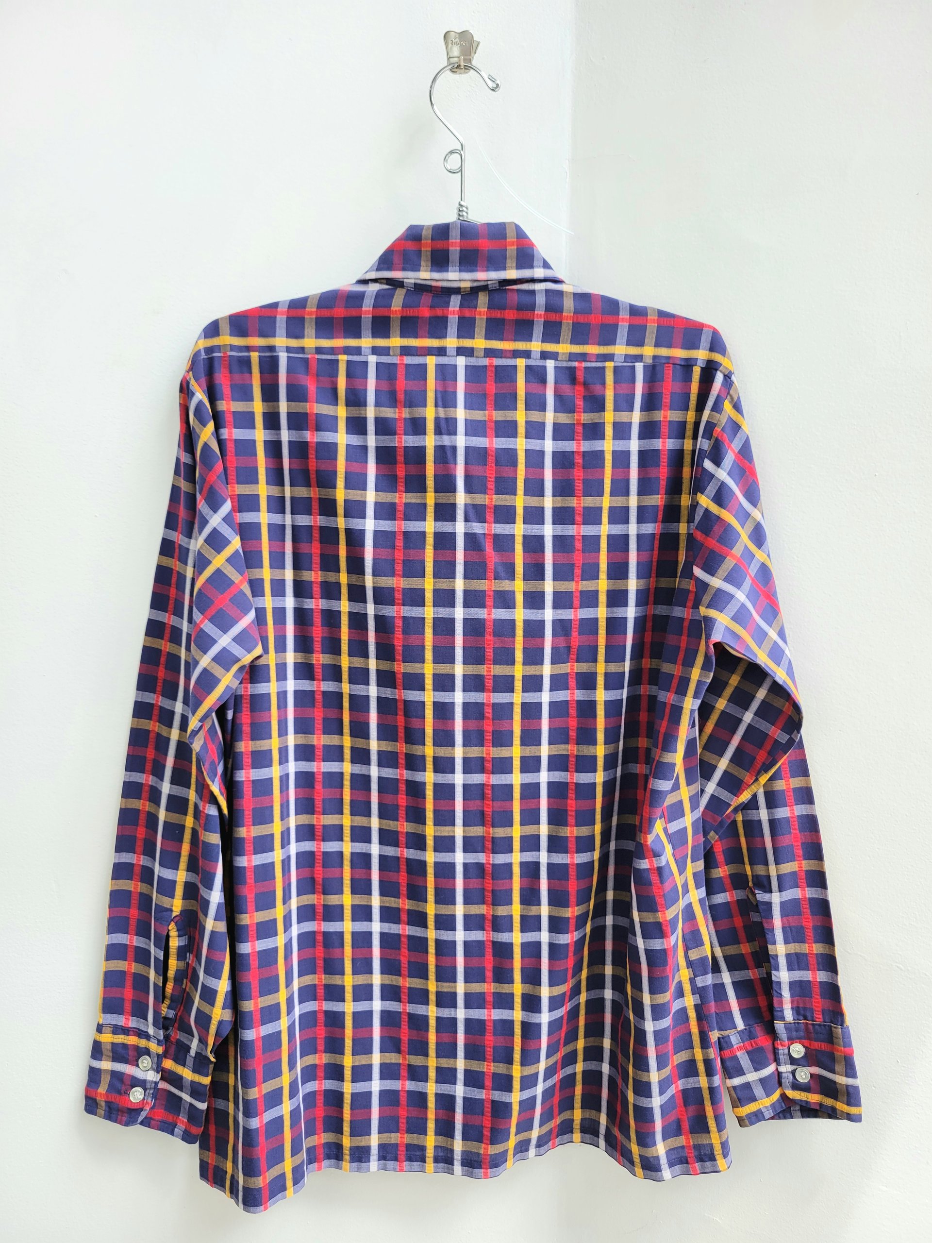 1970 blue plaid button up shirt, medium
