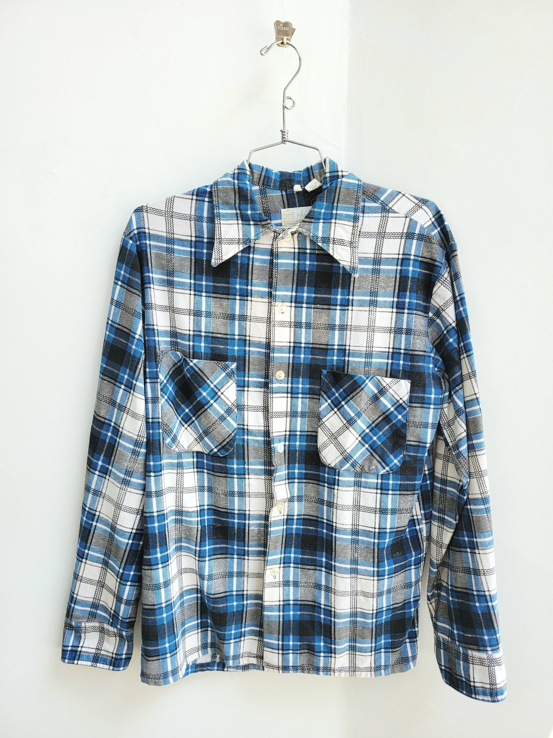 1970 Sears blue plaid button up shirt, medium