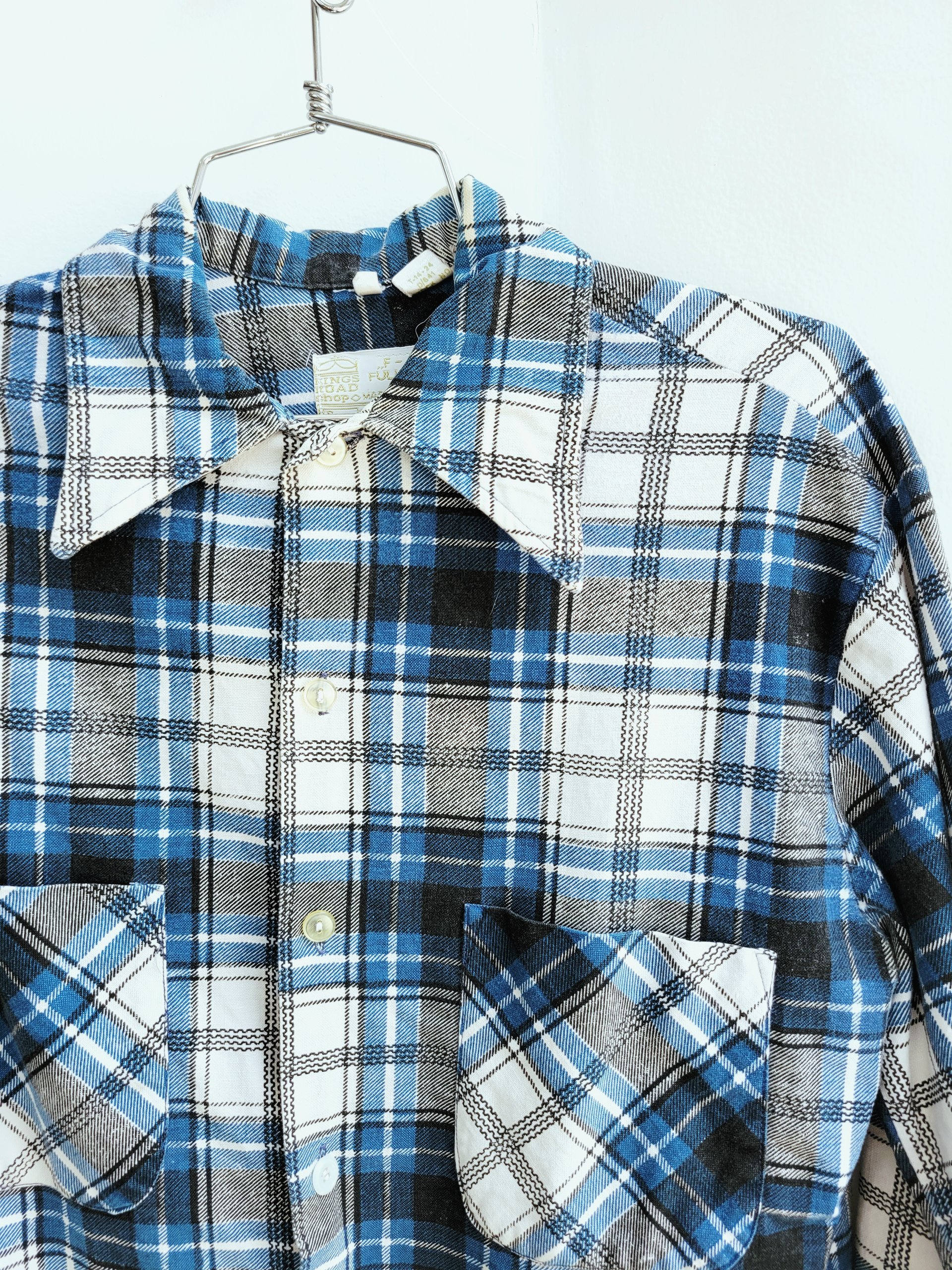 1970 Sears blue plaid button up shirt, medium