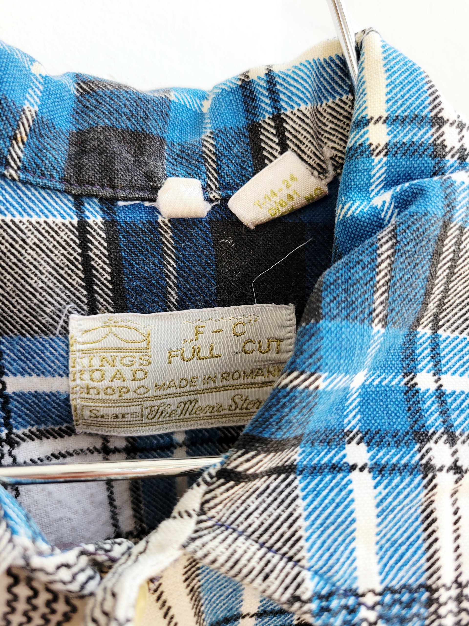1970 Sears blue plaid button up shirt, medium