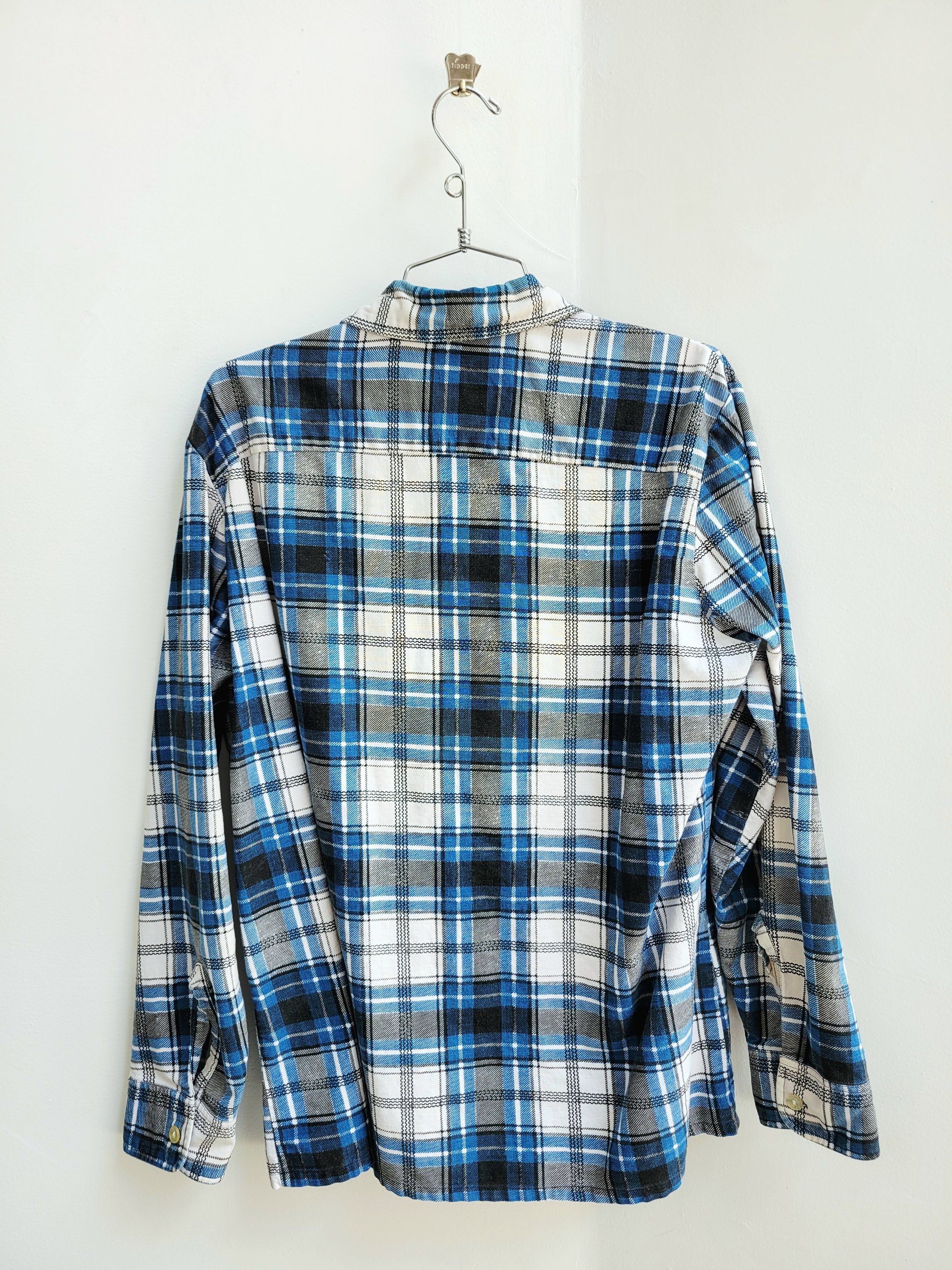 1970 Sears blue plaid button up shirt, medium