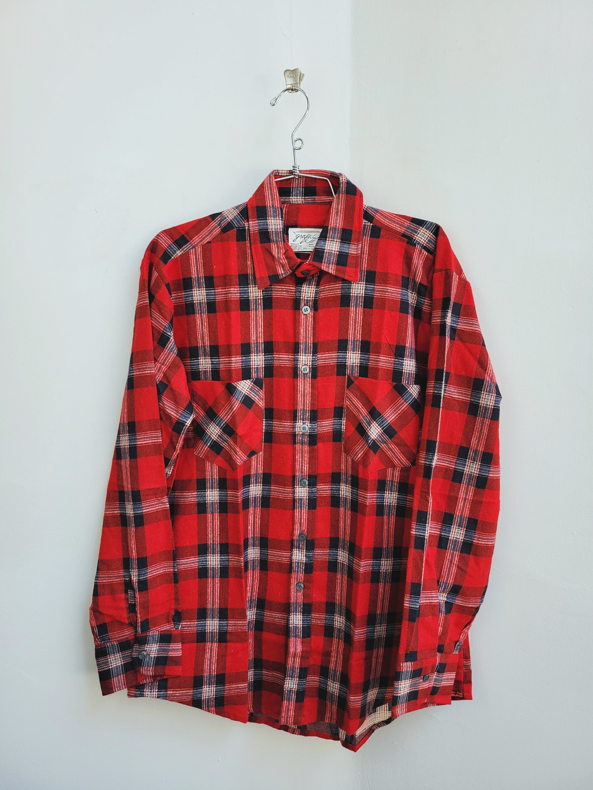 1970 Graffiti red plaid flannel button up shirt, medium