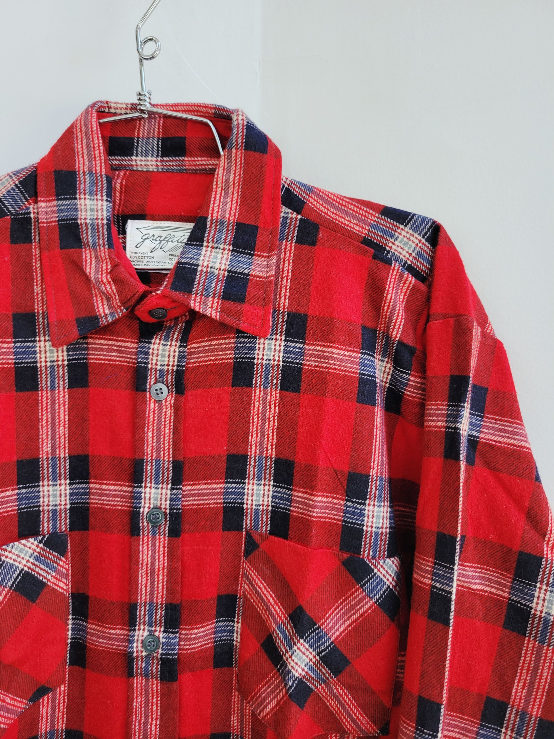 1970 Graffiti red plaid flannel button up shirt, medium