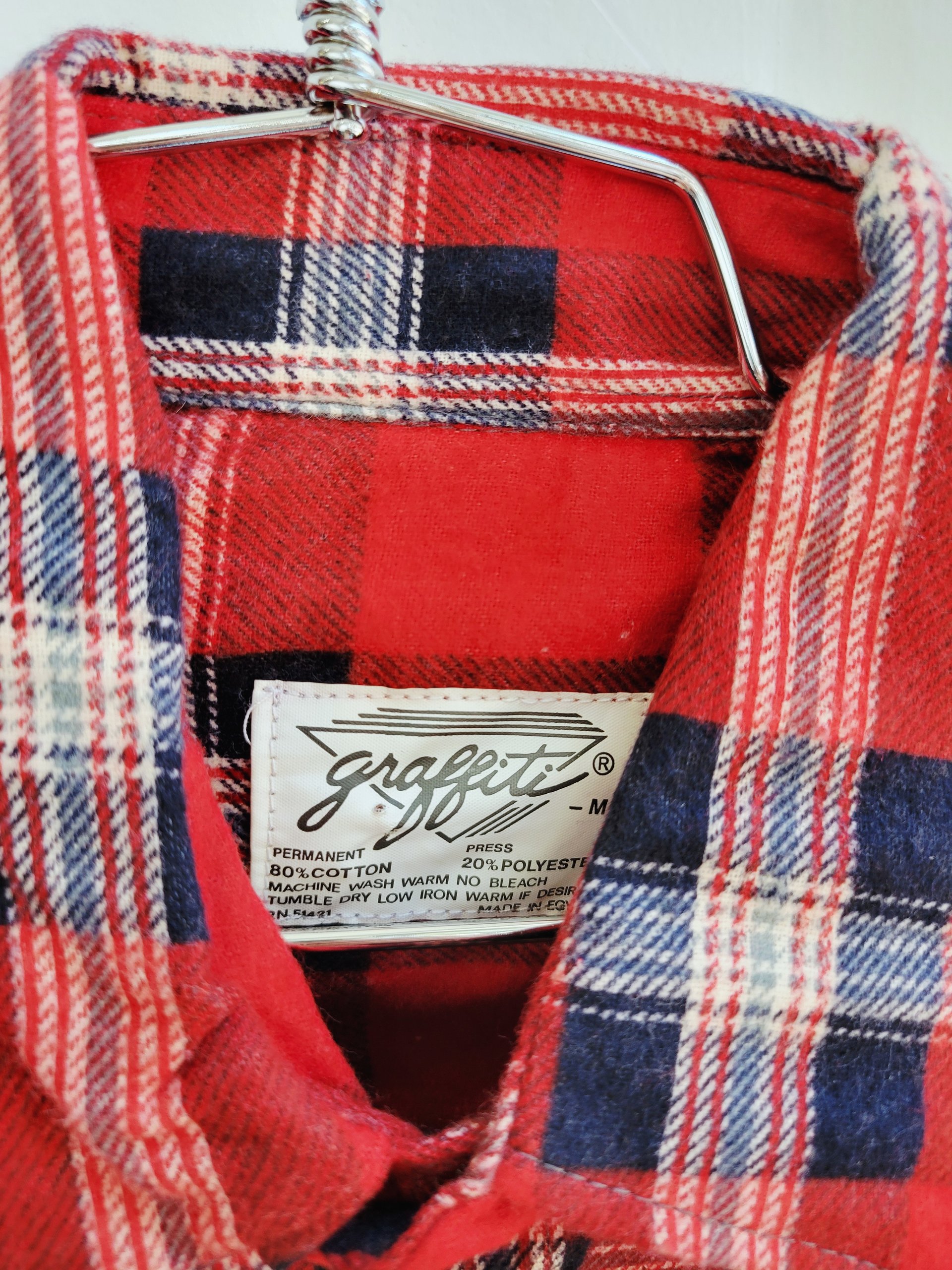 1970 Graffiti red plaid flannel button up shirt, medium