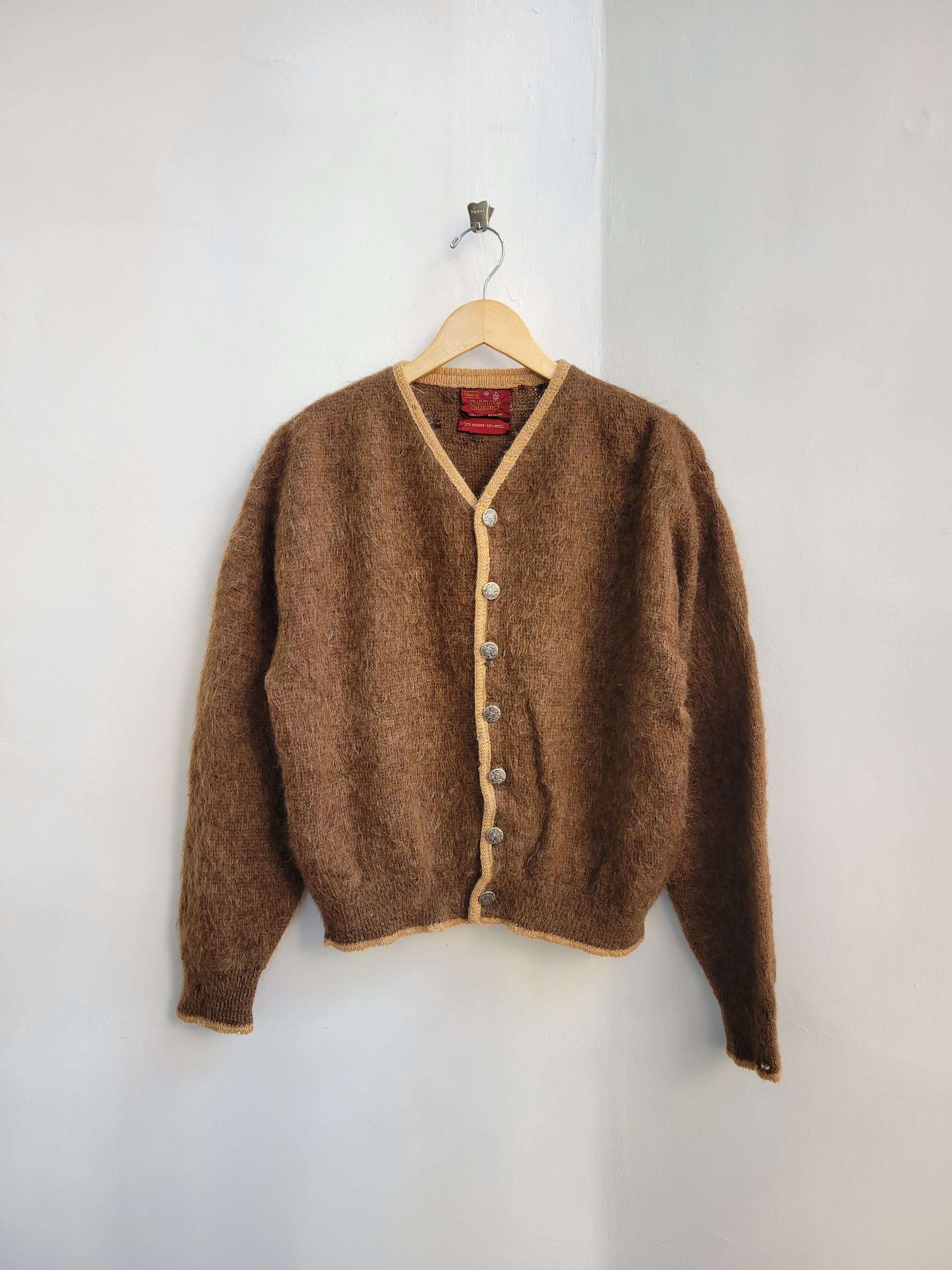 1940 Sears brown shaggy mohair cardigan sweater, medium