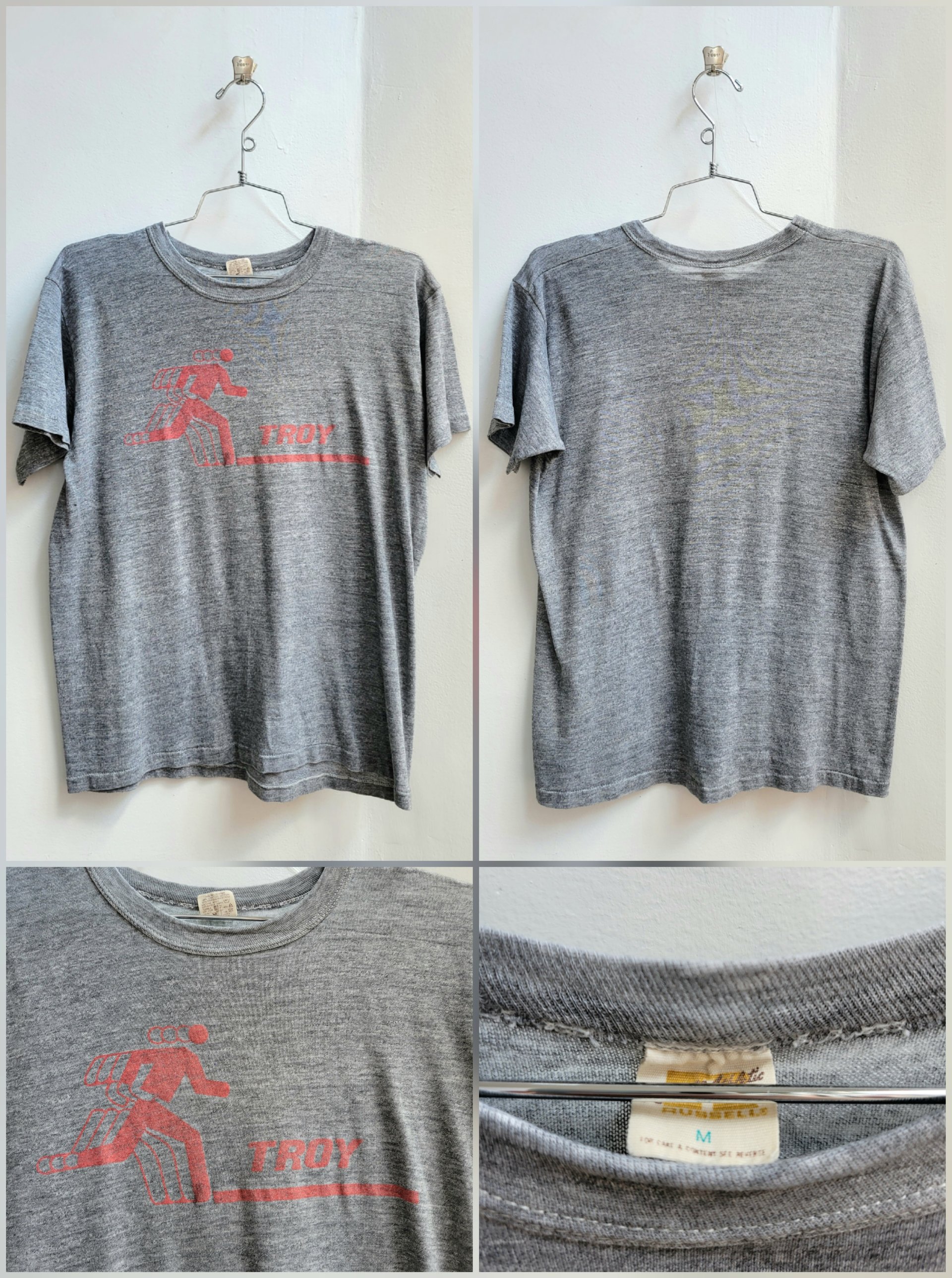 1970 Russell Athletic heathered grey tee shirt, size medium large