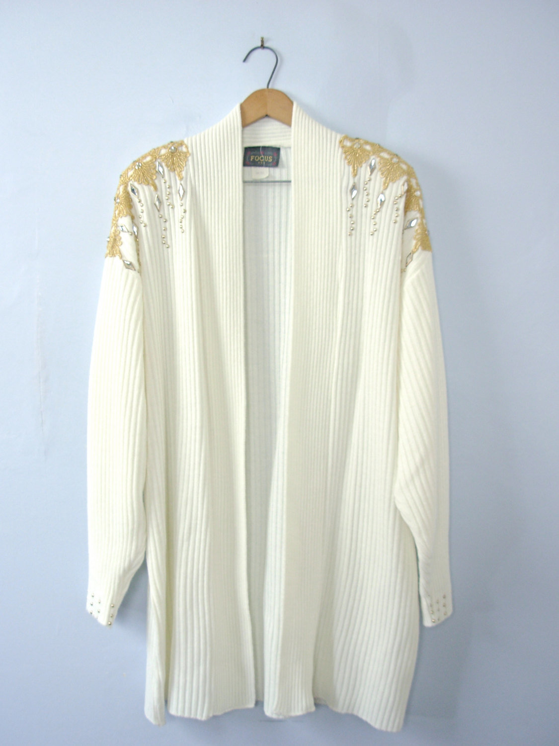 Vintage 80's winter white and gold long cardigan sweater, shoulder pads, size large / medium